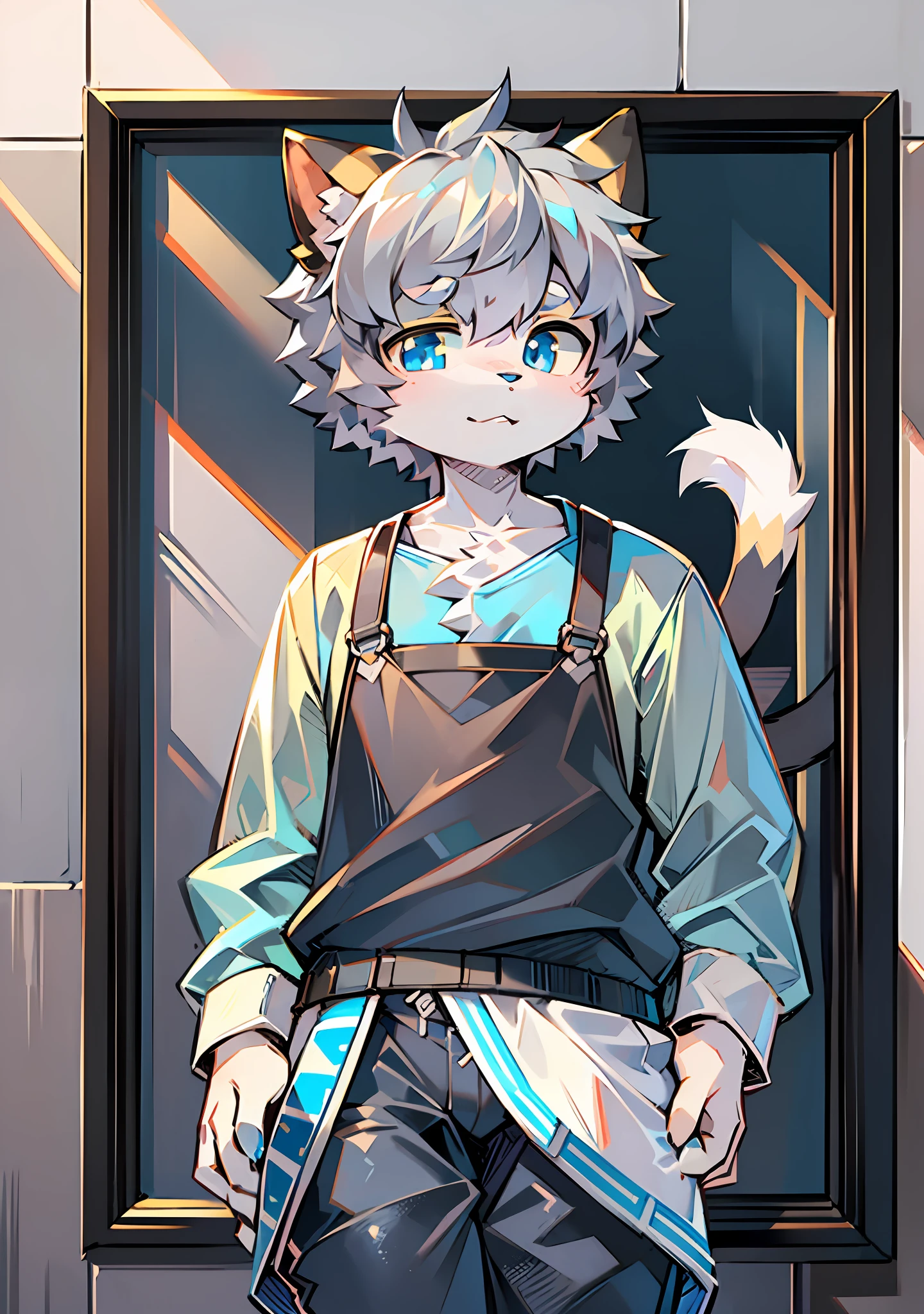 Bright eyes, character bust photo, Q version, avatar frame, character focus, solo, furry, furry male cat, male yellow-white fur, blue eyes, gray hair (long) loli style, little cute, will sell cute, wearing blue clothes and pants, has a tail