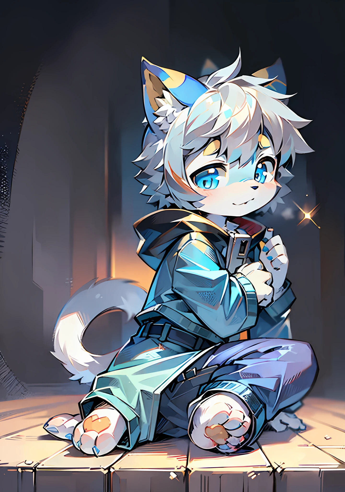 Bright eyes, character bust photo, Q version, avatar frame, character focus, solo, furry, furry male cat, male yellow-white fur, blue eyes, gray hair (long) **** style, little cute, will sell cute, wearing blue clothes and pants, has a tail