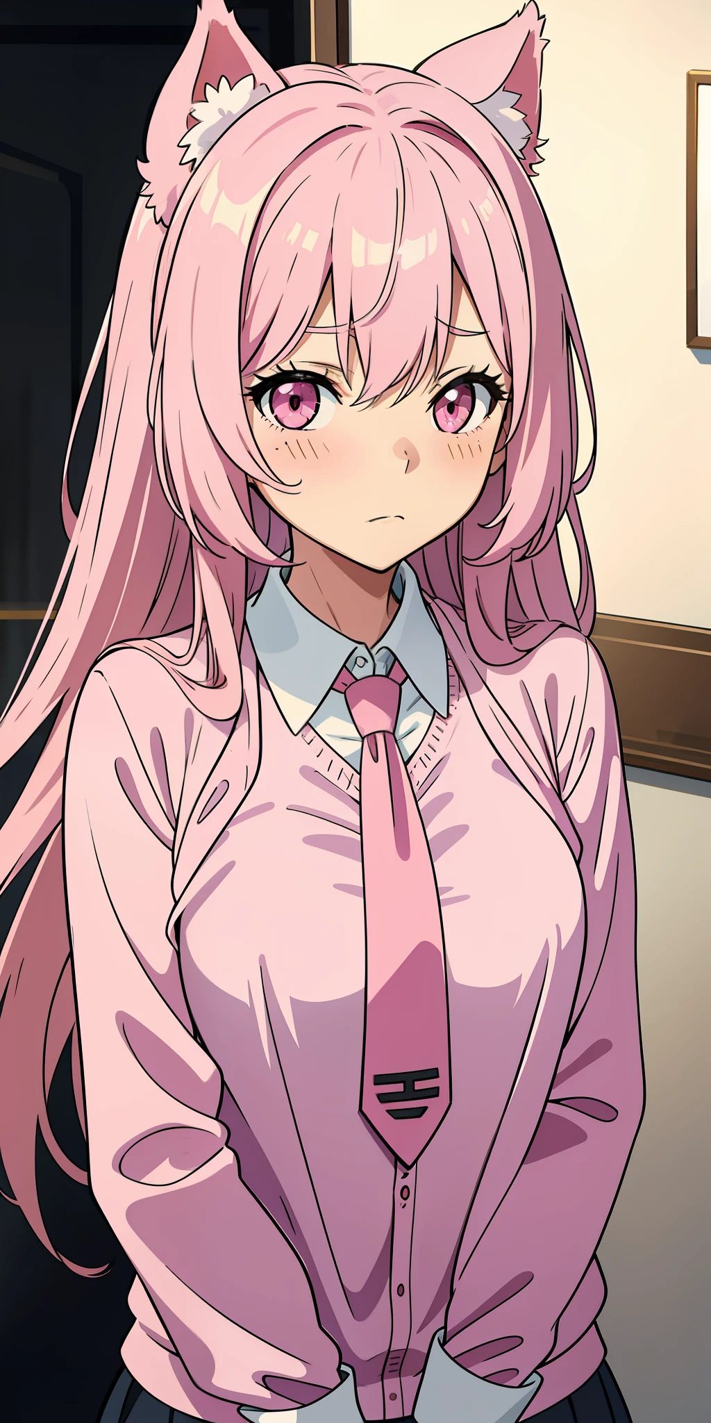 Anime girl with pink hair and dog ears in pink tie, pink eyes, shy blush