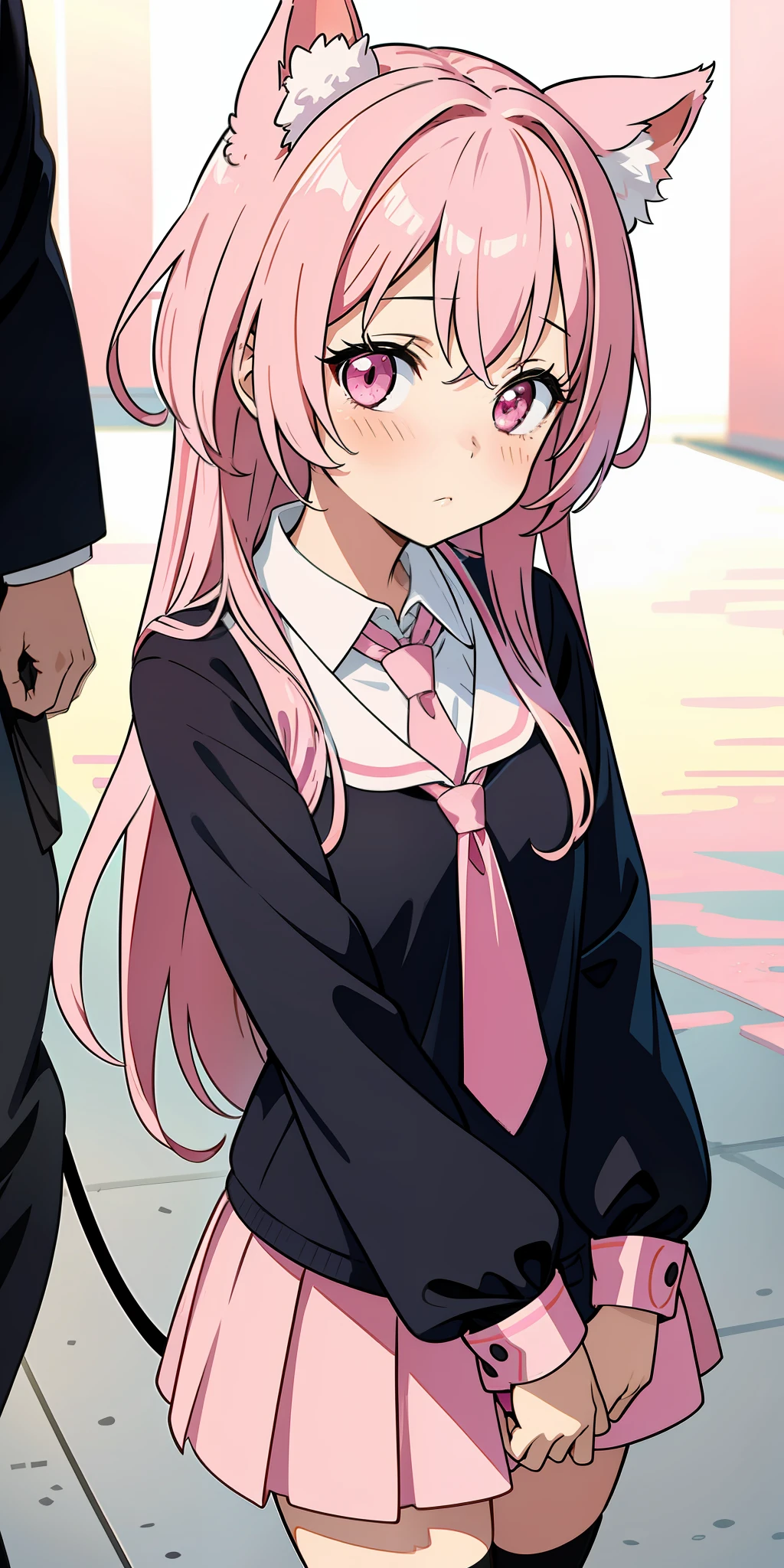 Anime girl with pink hair and dog ears in pink tie, pink eyes, shy blush