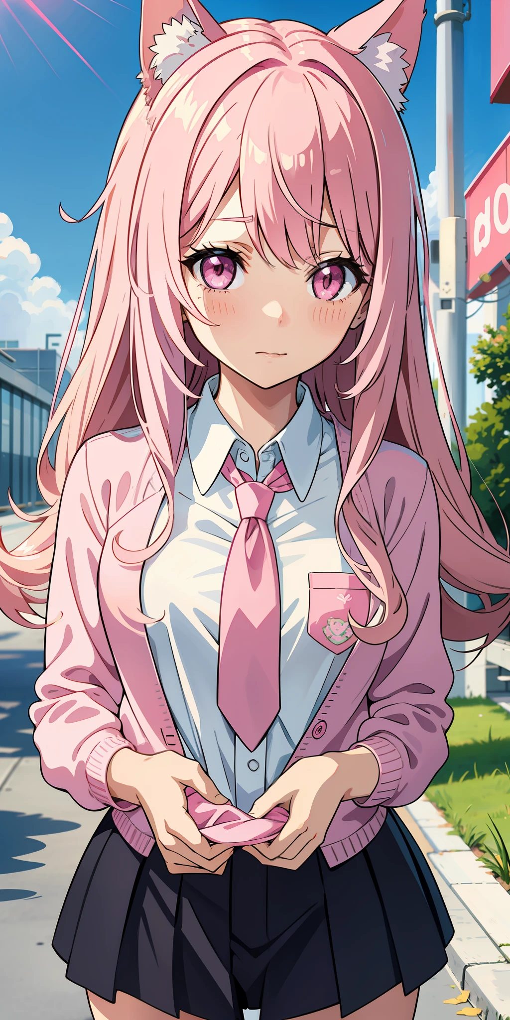 Anime girl with pink hair and dog ears in pink tie, pink eyes, shy blush