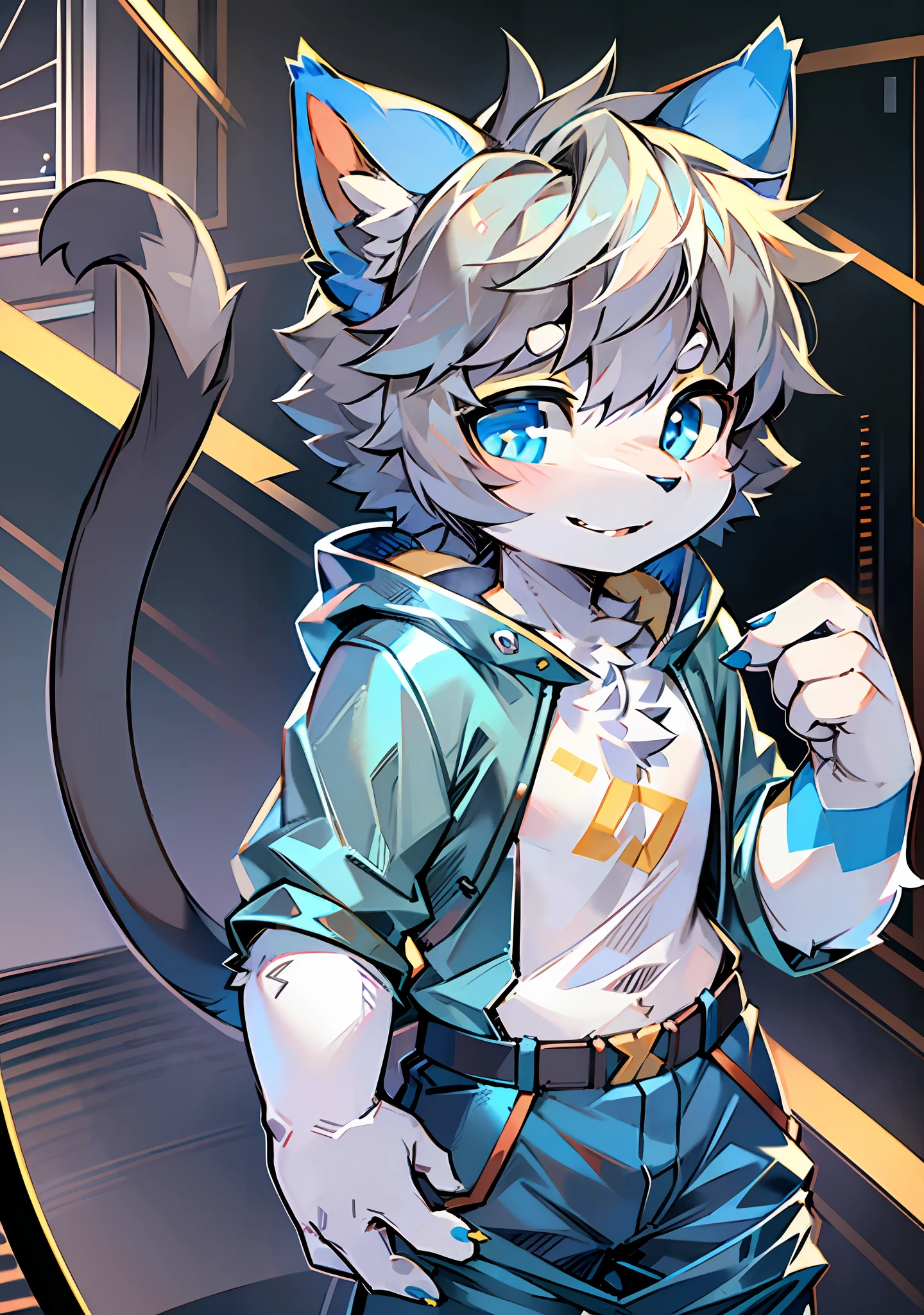 Bright eyes, character bust photo, Q version, avatar frame, character focus, solo, furry, furry male cat, male yellow-white fur, blue eyes, gray hair (long) loli style, little cute, will sell cute, wearing blue clothes and pants, has a tail