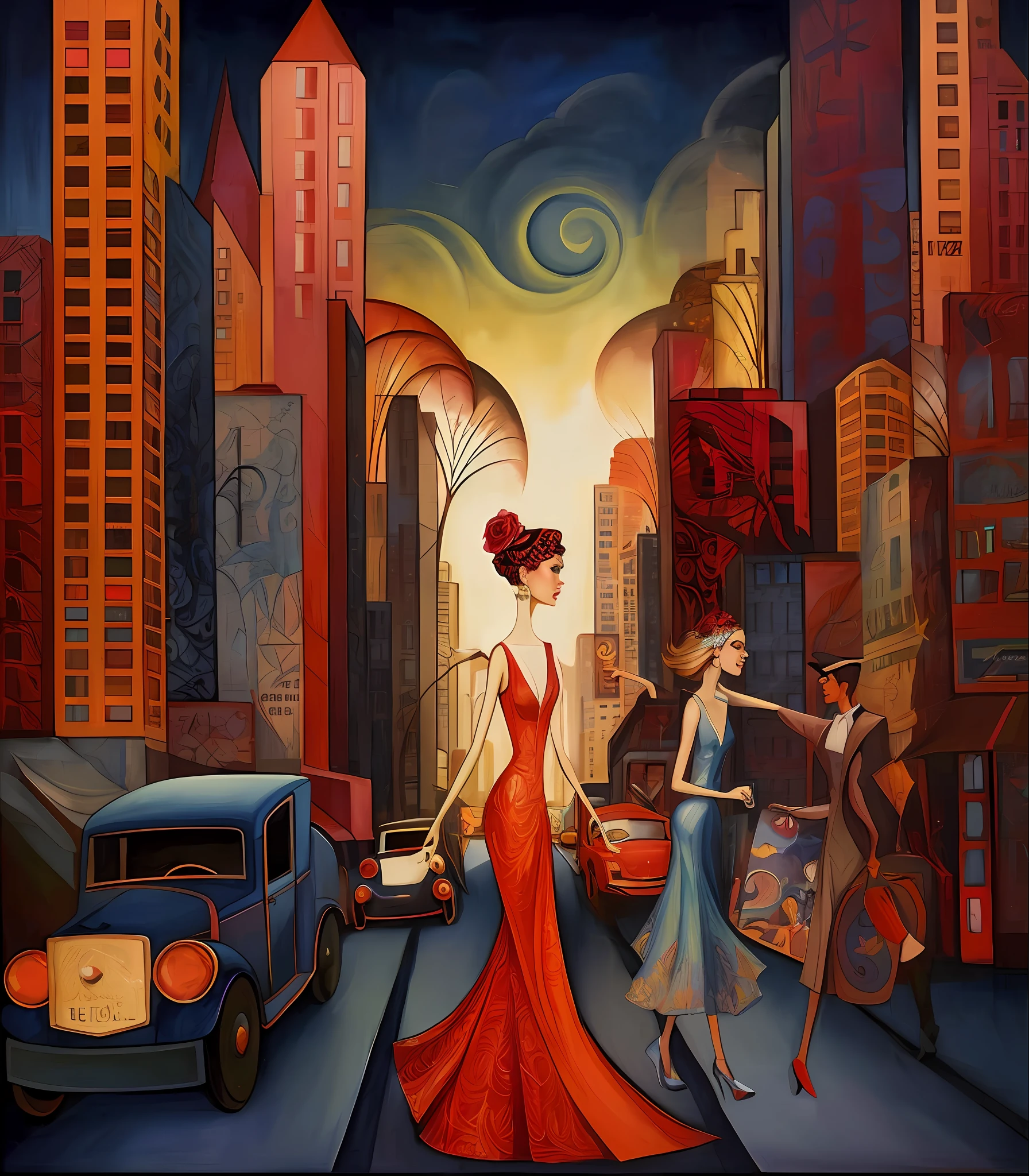 painting of a woman in a red dress walking down a street, art deco painting, in the city, rhads and lois van baarle, by Tina Blondell, inspired by Art Frahm, by Lennie Lee, by Rob Alexander, stylized urban fantasy artwork, inspired by Archibald Motley, alejandro burdiso style art, by Jason Benjamin --auto --s2