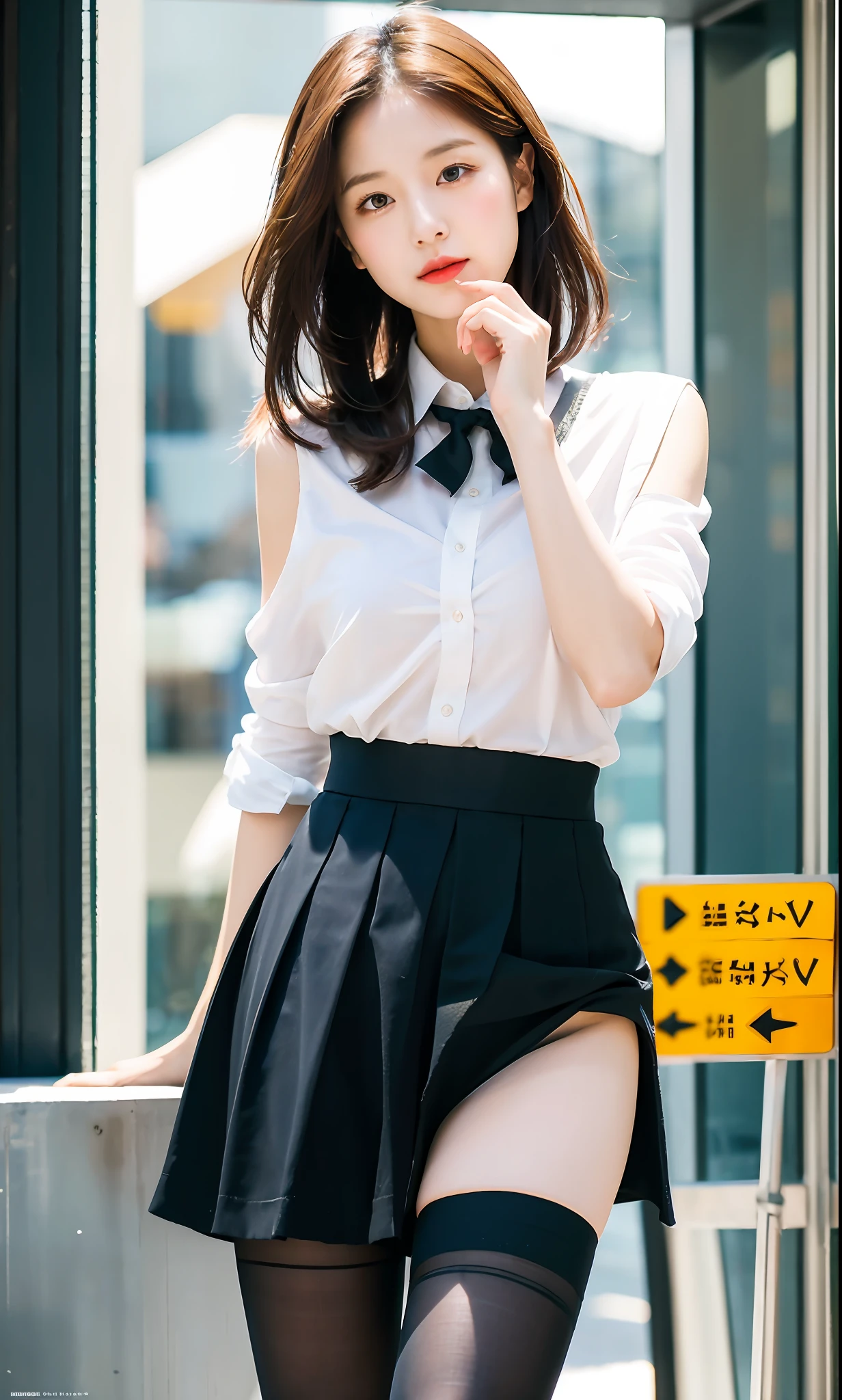 ulzzang-6500-v1.1, (Raw photo: 1.2), (Photorealistic: 1.4), Beautiful detailed girl, Highly detailed eyes and face, Beautiful detailed eyes, Ridiculous, incredibly ridiculous, Huge file size, super detailed, High resolution, Very detailed, top quality, Masterpiece, ((Fashion clothes of diverse colors)), illustration, highly detailed, CG, unification, 8k wallpaper, amazing, fine details, masterpiece, top quality, highly detailed CG uniform 8k wallpaper, light on face, movie lighting, 1 girl, 16 years old, shoulder-length unbalanced bob, side split, (big), (no panties)), ((dynamic pose))), ((sexy pose))), (camel toe), (half), (pantyhose)), ((black hip skirt)) , Detailed beautiful face, petite and delicate figure, dynamic pose, perfect ???????, natural eyes