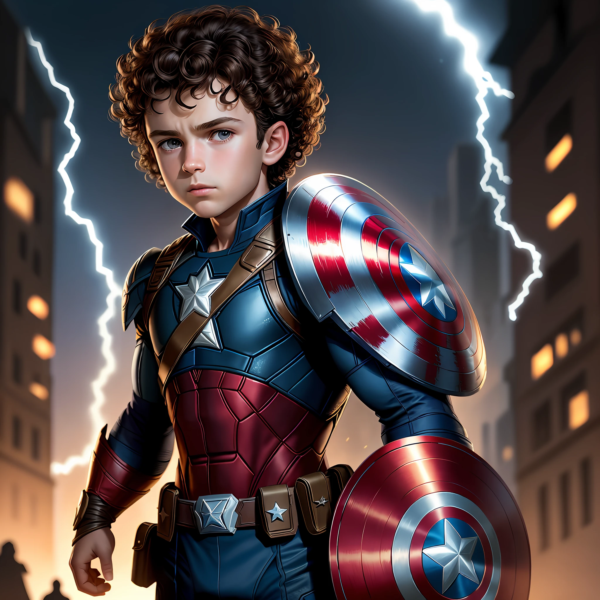 Boy, 6 years old, brunette, curly hair, like Captain America 8k, high resolution, detailed face, shield, detailed eyes, detailed costume, Marvel and DC style, hyper-realistic, + cinematic shooting + dynamic composition, incredibly detailed, sharp, detailed + superb details + night with light + perfectionism + award-winning realism