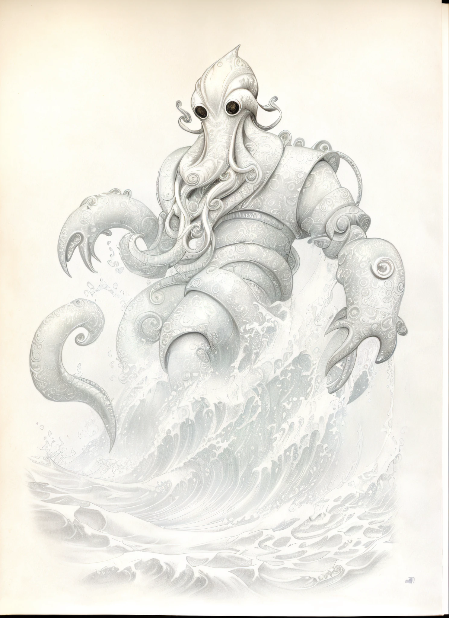 drawing of a cartoon character on a helmet riding a wave, water demon, cthulhu rising from the ocean, inspired by Yue Minjun, water elemental, epic pencil illustration, sea monster, water bear, pencil on paper, concept art, graffiti on paper, concept art of God, concept art!, concept art, concept art, underwater sea monster, Fan Art (coloring)