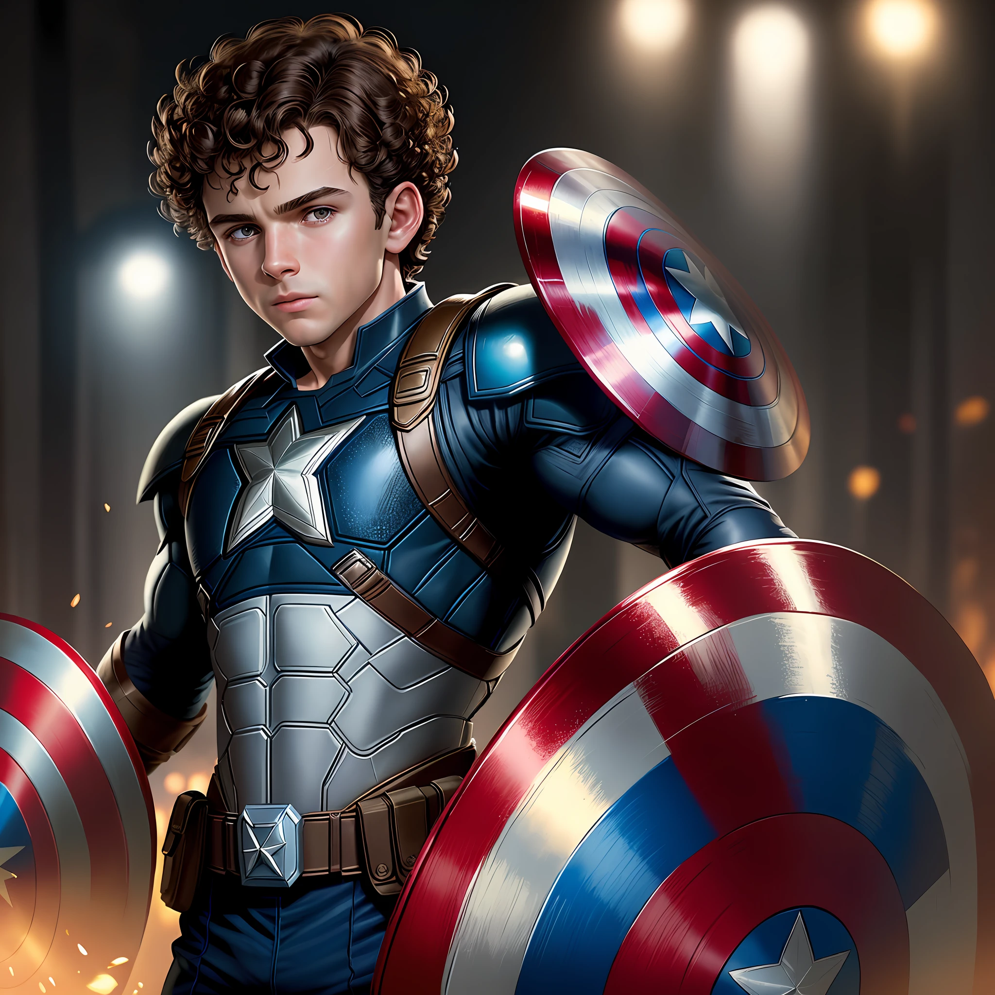Boy, 6 , brunette, curly hair, like Captain America 8k, high resolution, detailed face, shield, detailed eyes, detailed costume, Marvel and DC style, hyper-realistic, + cinematic shooting + dynamic composition, incredibly detailed, sharp, detailed + superb details + night with light + perfectionism + award-winning realism