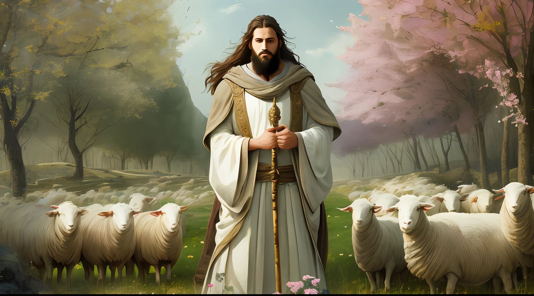 Realistic design and visually captivating fairy tale, with soft colors and a comforting atmosphere. In the center of the image a young man with long hair and beard holding a staff and with Jewish robes of the first century.  Around him, his sheep in a green field. This young man would be portrayed as a benevolent figure, with a gentle and compassionate look with only 2 hands and five fingers on each of them, and the sheep would be quiet and secure around him. Scene illuminated by a soft ray of sun, creating a play of light and shadow in the field. --auto --s2