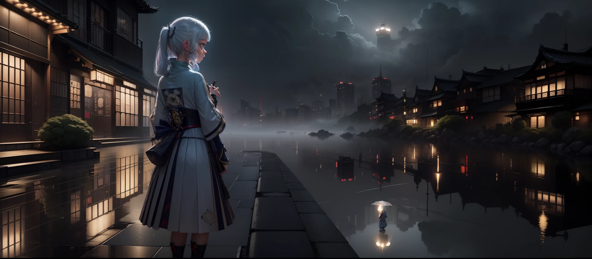 (best quality, masterpiece: 1.3), 1girl, rainy day, fog, umbrella holding, large and transparent umbrella, looking at the viewer, white hair, facing the photo, city inazuma Genshin impact, alone, lamplight, very reflected city, long hair, bars, Japan, perfect hand, delicate, night