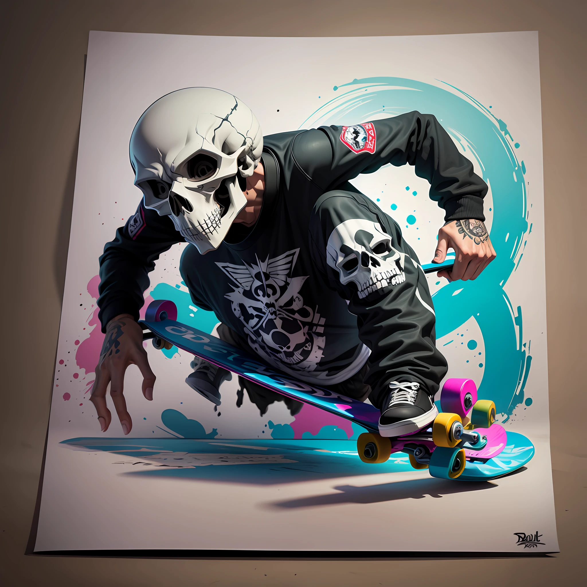 Full-body graffiti style cartoon, a realistic skull style skateboarder drawing