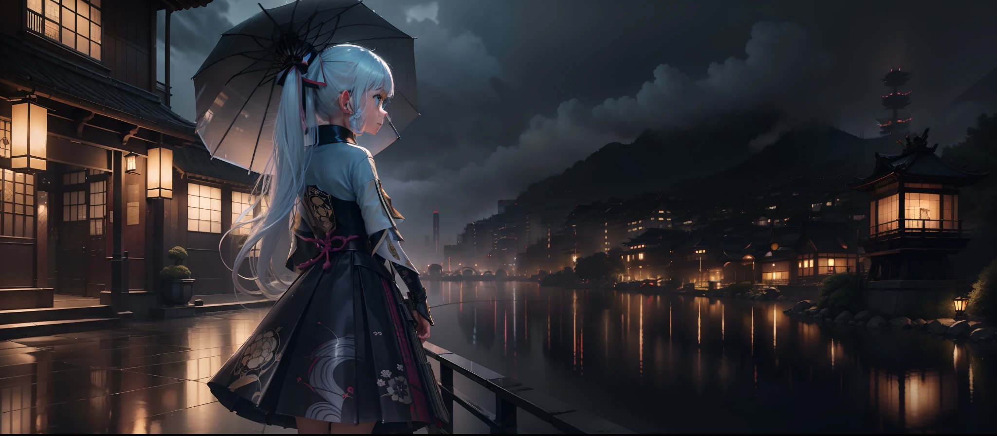(best quality, masterpiece: 1.3), 1girl, rainy day, fog, umbrella holding, large and transparent umbrella, looking at the viewer, white hair, facing the photo, city inazuma Genshin impact, alone, lamplight, very reflected city, long hair, bars, Japan, perfect hand, delicate, night