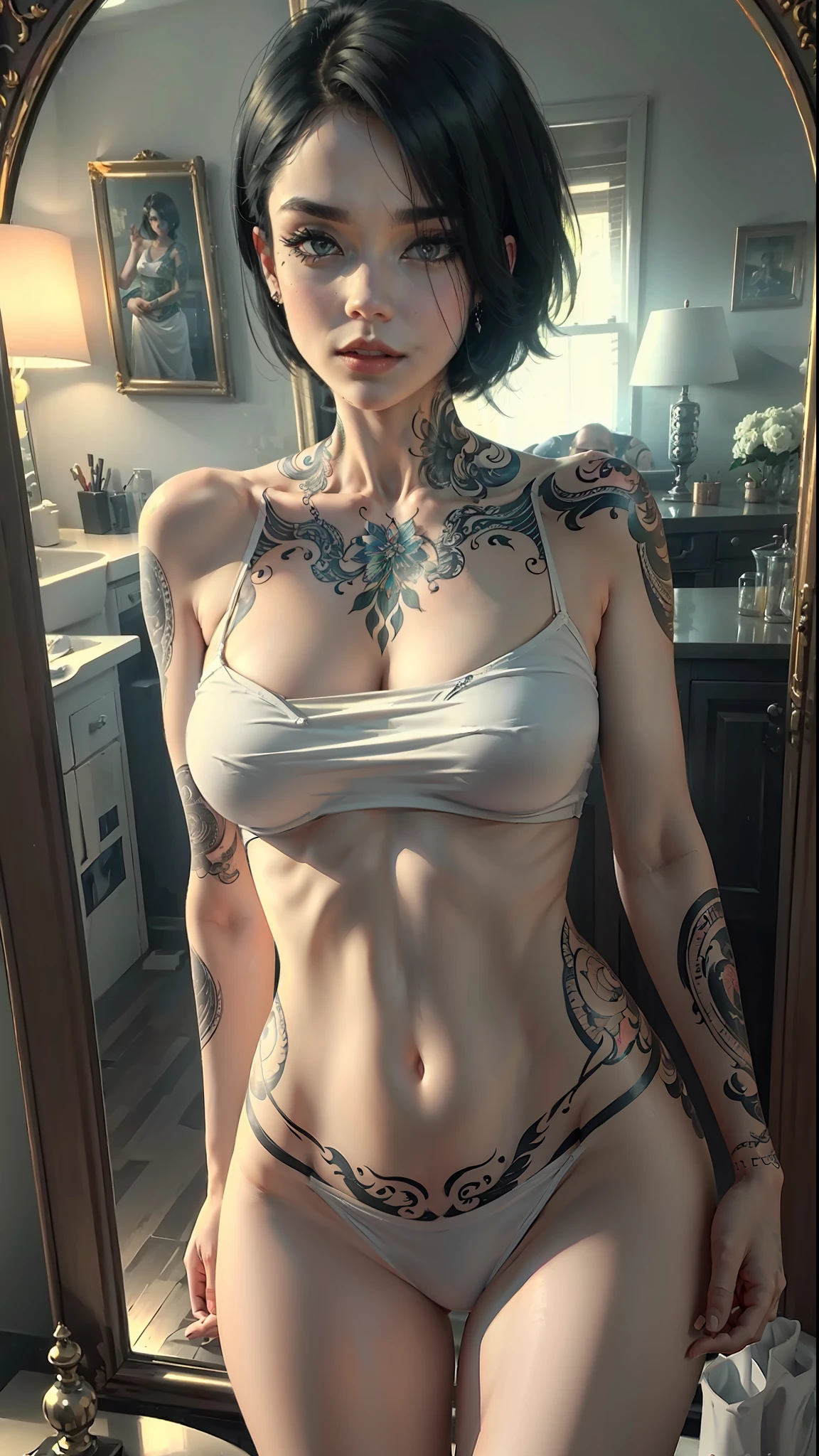 ((Best quality)), ((masterpiece)), (highly detailed:1.3),a woman in white top short black hair, full body tattoo, belly tattooed arms, taking a selfie in the mirror