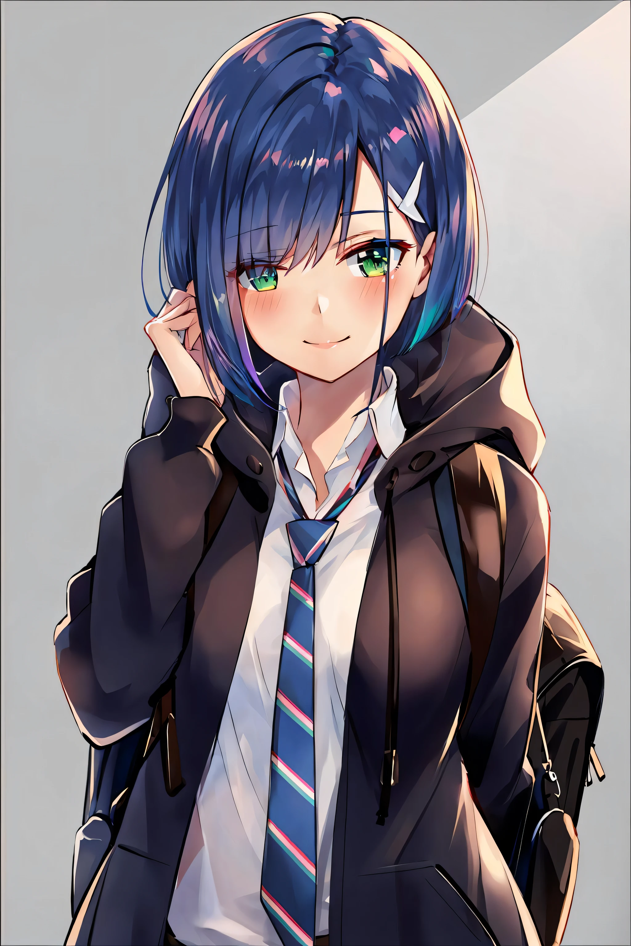 ( masterpiece,  best quality:1.2) , highres, highly detailed , illustration,
1girl, ichigo \(darling in the franxx\), ichigo-v1 ,  solo, blue hair, necktie, short hair, shirt, hood, hair ornament, one eye closed, looking at viewer, bag, skirt, striped necktie, white shirt, hairclip, closed mouth, striped, open clothes, smile, green eyes, collared shirt, hoodie, long sleeves, hood down, hair over one eye, eyes visible through hair, jacket, upper body, grey skirt, bangs, school uniform, hand up, backpack, blush, pleated skirt,