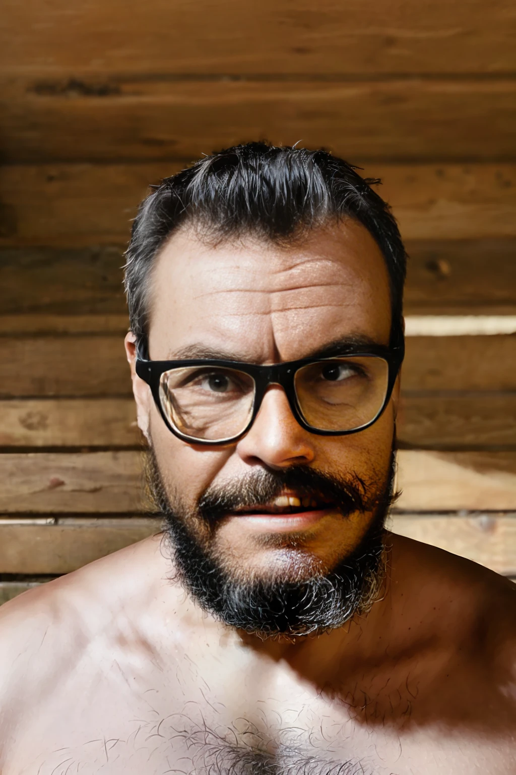 full frame, close portrait, rustic, male model, brunette man, ((glasses)), ((black t-shirt)), tanned and wrinkled skin, military style hair, lumberjack beard, dark brown eyes, (skin texture), skin pores, depth of field, sharp eye focus, backlit