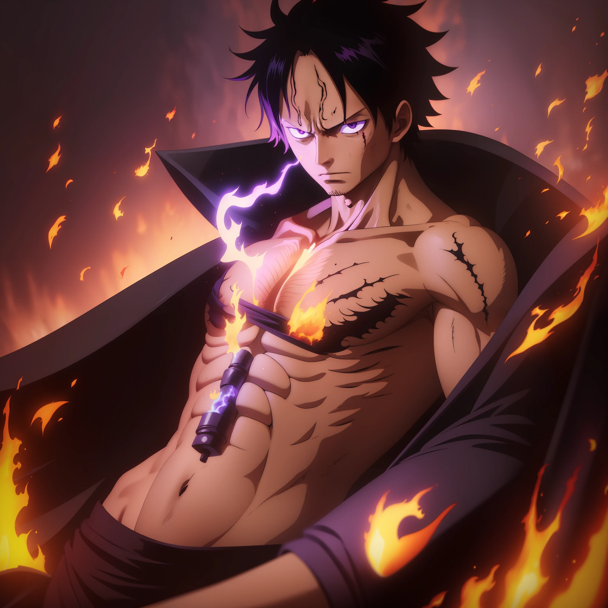 Dark background with realistic black flames anime One Piece 4k, with Ace with a defiant look (anime One Piece 4k) holding a purple flame, with a burn scar on his right eye, in a tense scene and pure mystery and suppression