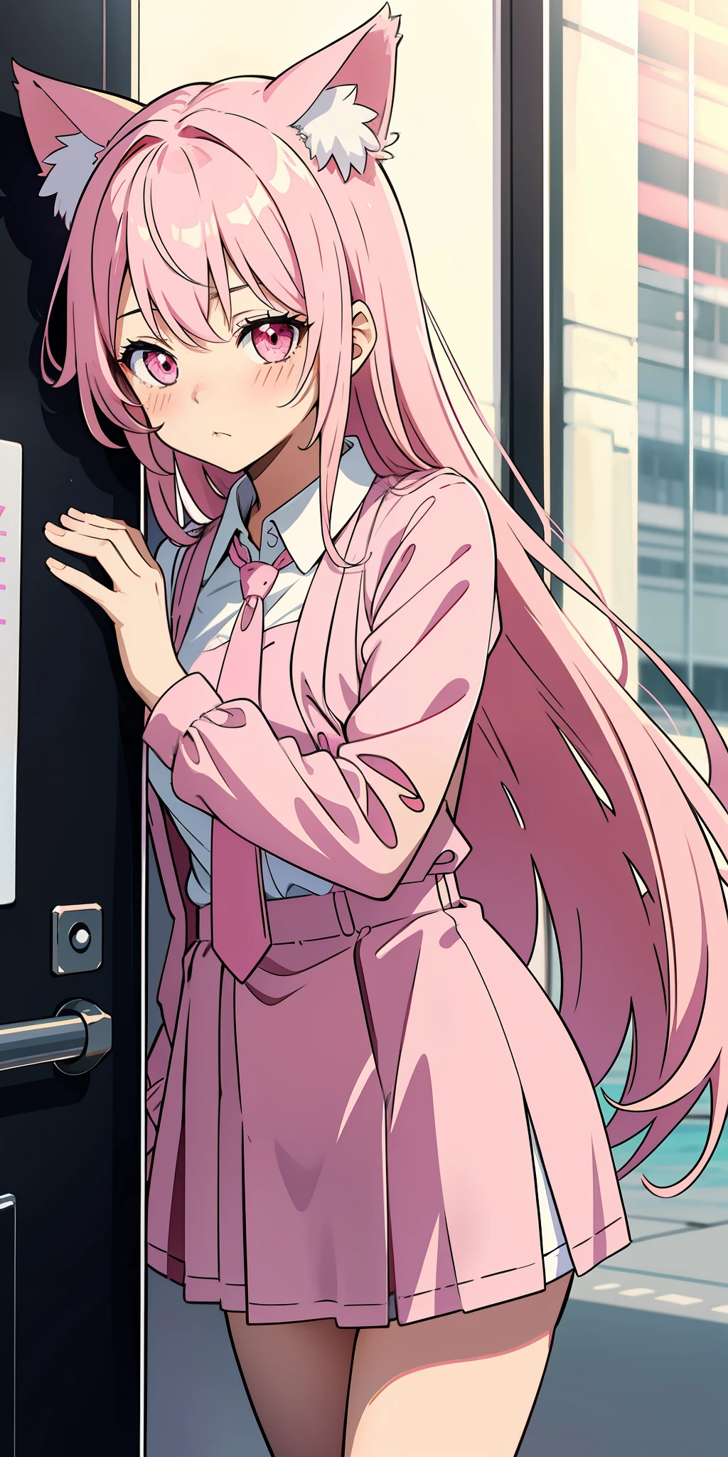 Anime girl with pink hair and cat ears in pink tie, pink eyes, shy blush