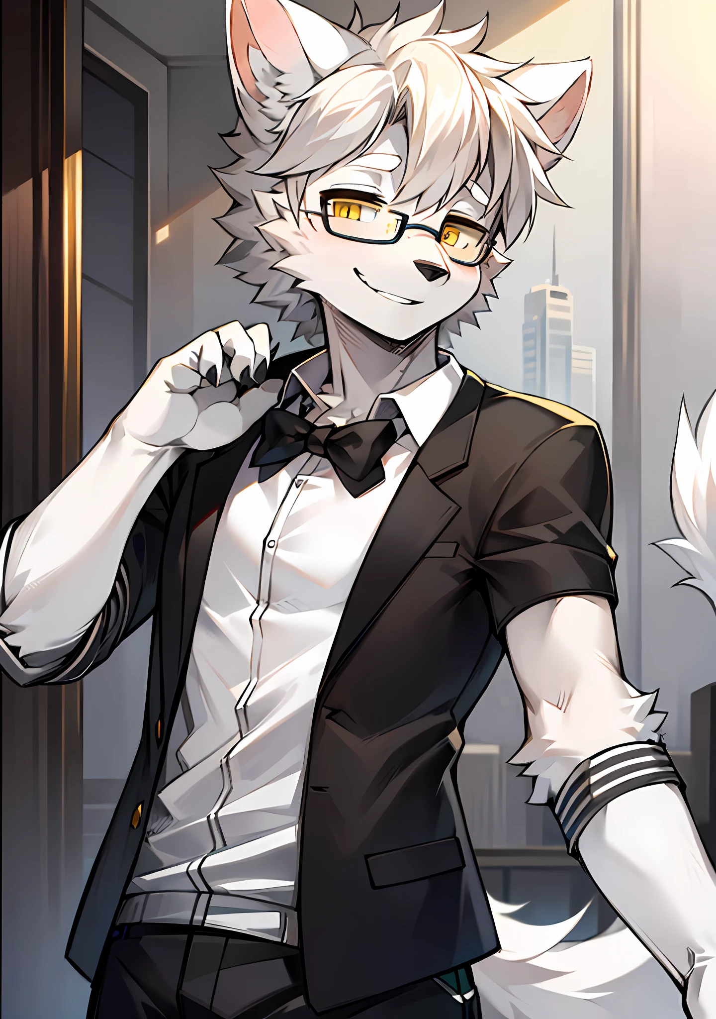 Highest quality, high resolution, high rendering accuracy, wolf, gray and white color scheme, white ears, yellow pupils, wearing black-framed glasses, male, single, teenager, upper body, handsome, smiling, casual wear, natural movements
