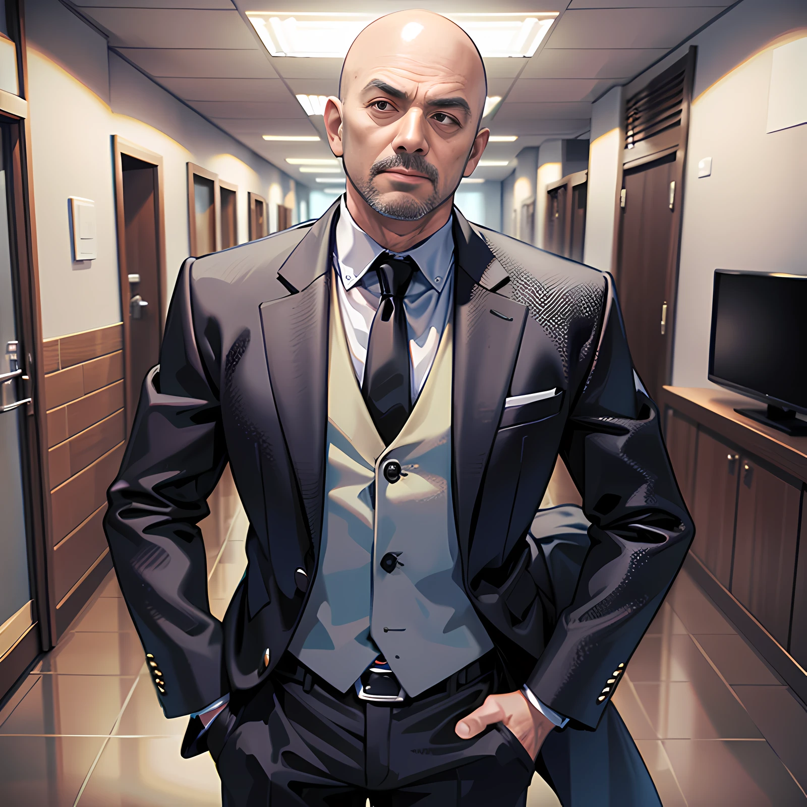 In the conference room, there was a middle-aged man standing up, dressed in a black suit, bald, with a little hair, angry, super detailed, 4k, super detailed