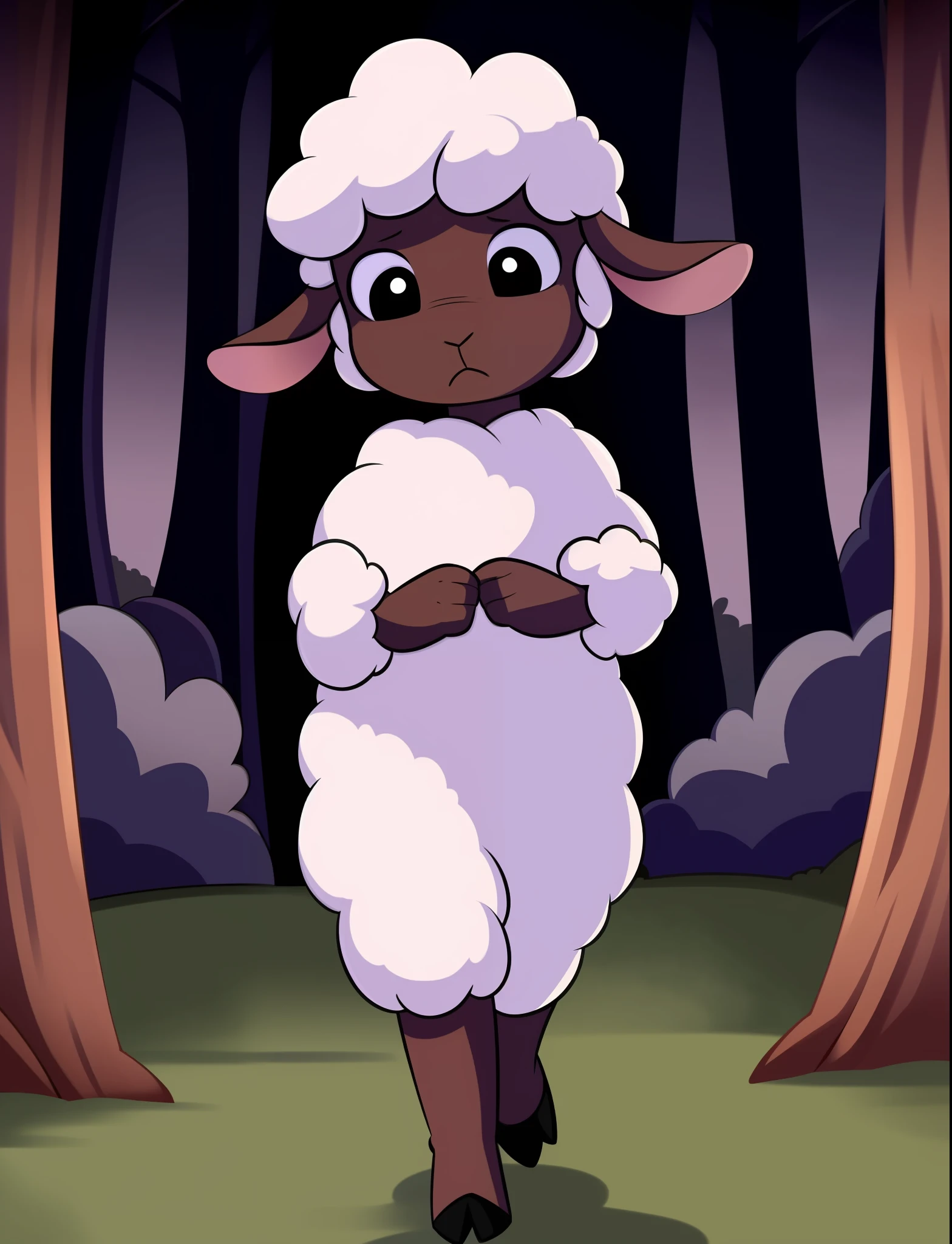 ((masterpiece, best quality)), solo, solo focus, full body, no humans, furry, sheep, black eyes, white fur, woolie, forest, walking, scared, night,