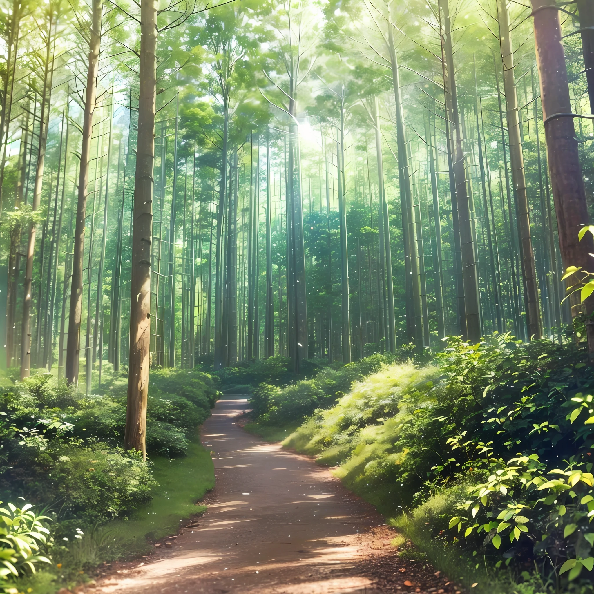 Image of a path that goes far in a beautiful and sunny forest --auto --s2