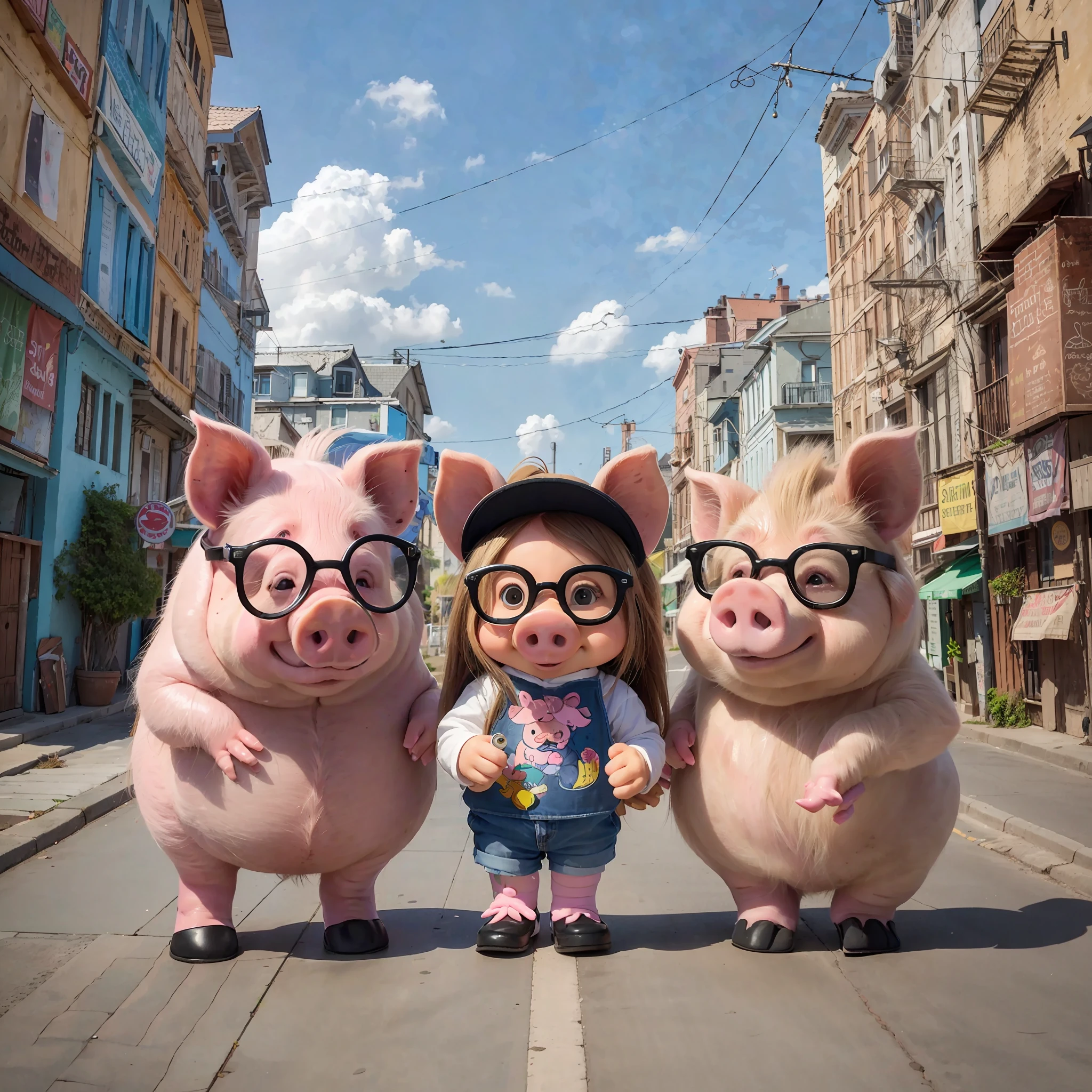 Three pigs, First pig with a smartphone and glasses, Second pig with tanned skin have long hair, surfer fashion, and third pig ordinary pig Background is City taste Disney style paint they are 20ys old, all boy