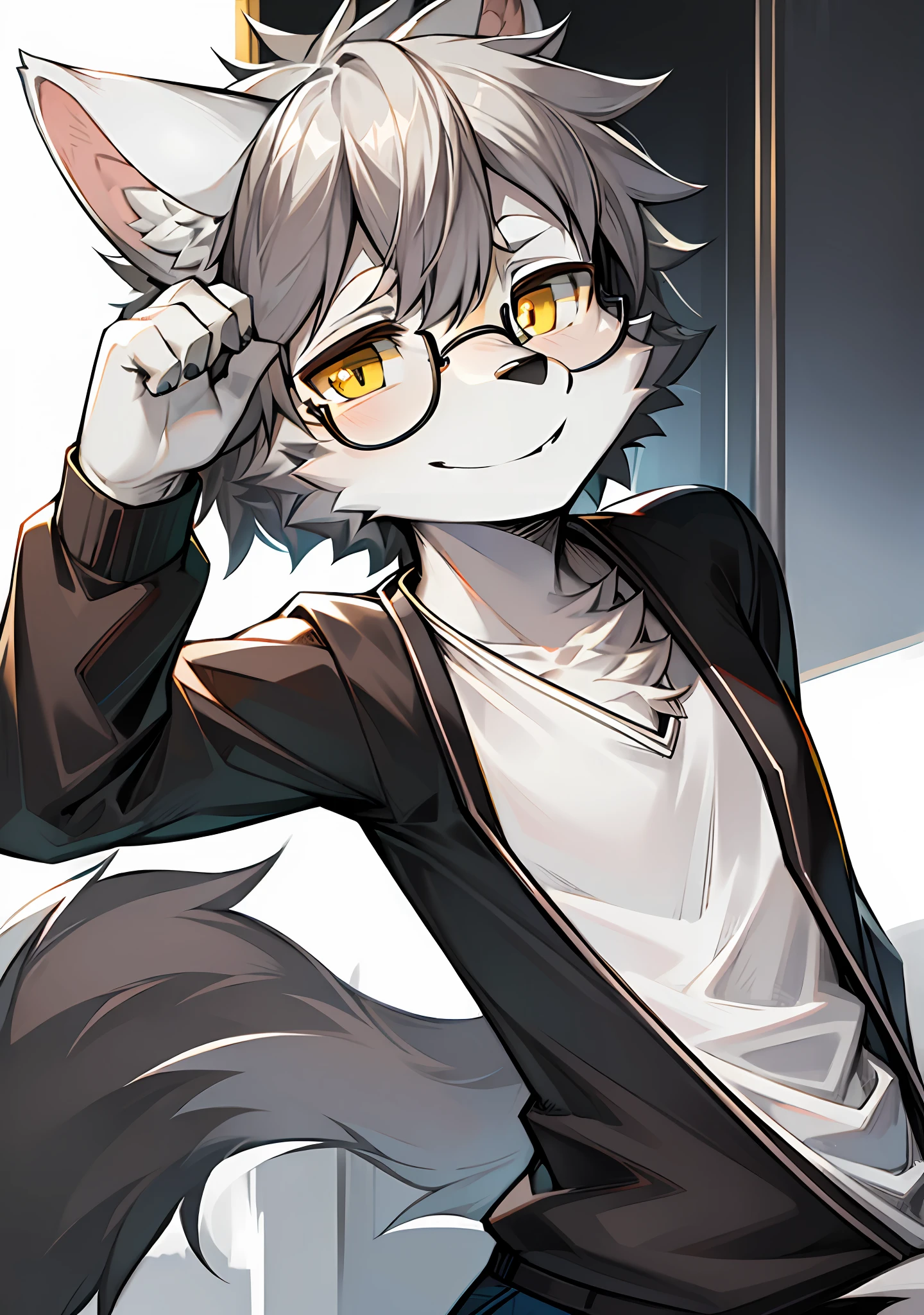 Highest quality, high resolution, high rendering accuracy, wolf, gray and white color scheme, white ears, yellow pupils, wearing black-framed glasses, male, single, teenager, upper body, handsome, smiling, casual wear, natural movements