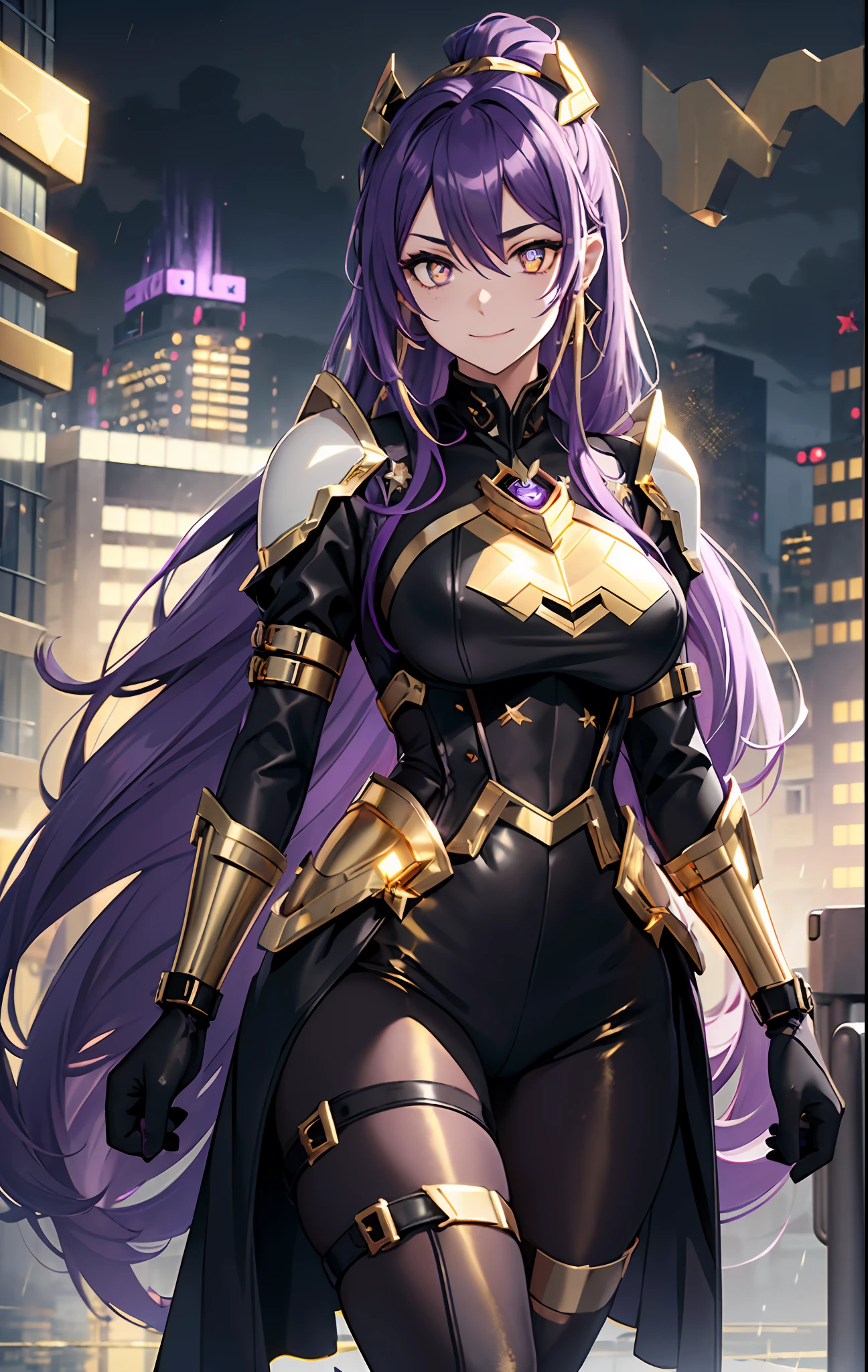 ({best quality}),(Ultra Fine),(full detail),single girl,alone,19 years old,well_developed curves,curvaceous_body,hourglass_figure,perspective,beautiful_face,high_quality_outfits,futuristic_outfits,silght_blush,full_body,full detail face,protective outfits,Honkai_StarRail_arts;
(Violet hair:1.5),indigo hair tips,violet (helix-shaped single ponytail:1.2),two black long fin-shaped black mechanic hairclips,black circlet around forehead,pointing upwards;(golden eyes:2),( white hilted pupils:1.4), holographic one-piece goggle glasses on eyes,golden lens,violet frame;one hexagon golden locket on breast;
Futuristic battlesuit,armored battlesuit,covering all body,fitting body curves,(armored black shoulder guards_1.3),white collar,black long slender sleeves,black long gloves,metal mechanic black arm bracers,black gloves,golden arm bracelets,silver vest covering breasts,silver tanktop,black armored corset,golden zipper along corset,black waistband with four gadget holsters attached,black skirts with golden trims,(black scifi armor shorts with golden trims,knee-length hems),(,black and edged armor tassets,fin shaped end,violet edges),black trousers,(white pantyhose) with hexagon amber linings,black waistband with gadget holsters,knee bracers;black mechanic boots with golden trinkets,heeled boots; White mechanic backpack on back;
Rainy weather,night,stormy sky in background,heavy rain weather,raindrop on face,floating in midair,overlooking city from midair,smiling expression,seductive smile,vigilat gaze,stretching hands,standing,looking forwards