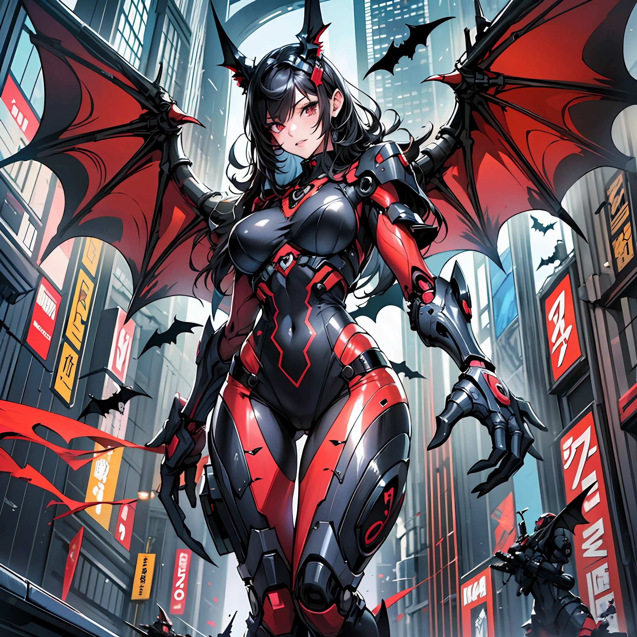 Woman in bat color costume, best anime 4K wallpaper, full body, bat red wing, cyberpunk bat, mechanized valkyrie girl, biomechanical, highly detailed artgerm based on bat, cyborg bat, anime style 4k, bat