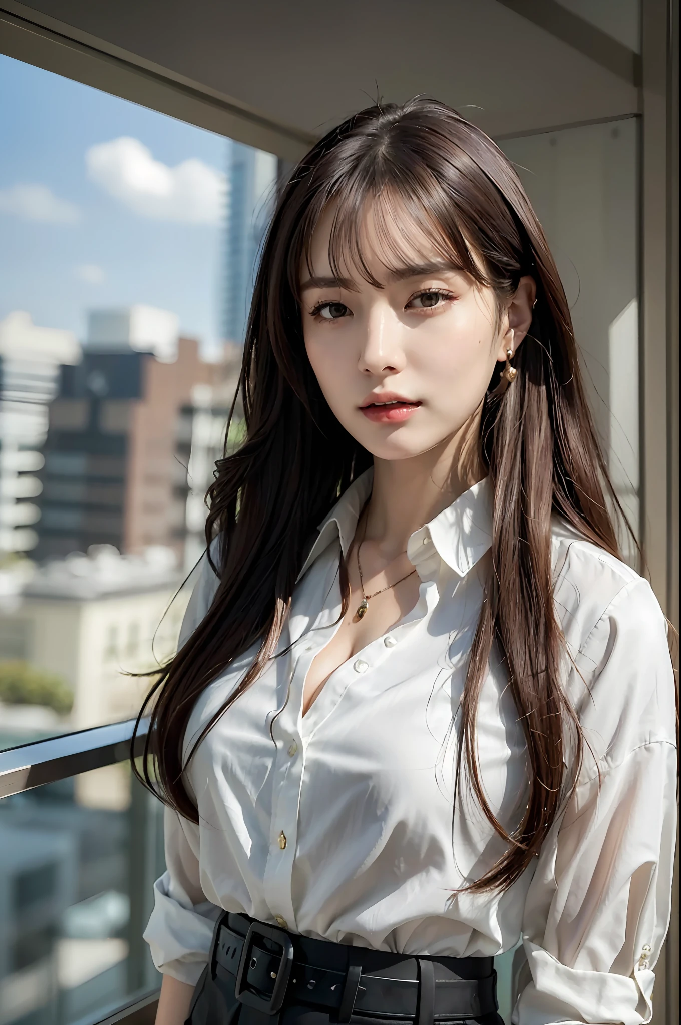 (Best quality, High resolution, Masterpiece :1.3), A tall and pretty woman, Slender abs, Dark brown hair styled in loose waves, Breasts, Wearing pendant, White button up shirt, Belt, Black skirt, (Modern architecture in background), Details exquisitely rendered in the face and skin texture, Detailed eyes, Double eyelid