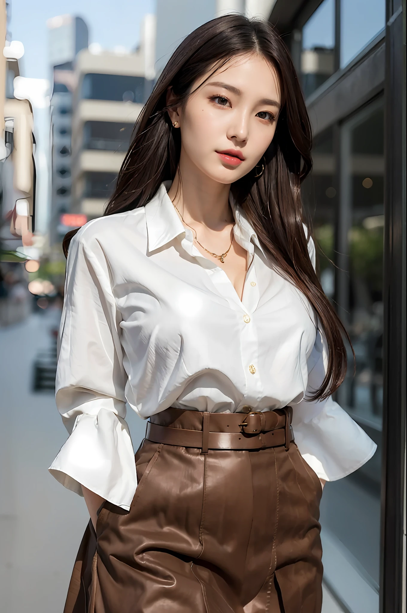 (Best quality, High resolution, Masterpiece :1.3), A tall and pretty woman, Slender abs, Dark brown hair styled in loose waves, Breasts, Wearing pendant, White button up shirt, Belt, Black skirt, (Modern architecture in background), Details exquisitely rendered in the face and skin texture, Detailed eyes, Double eyelid