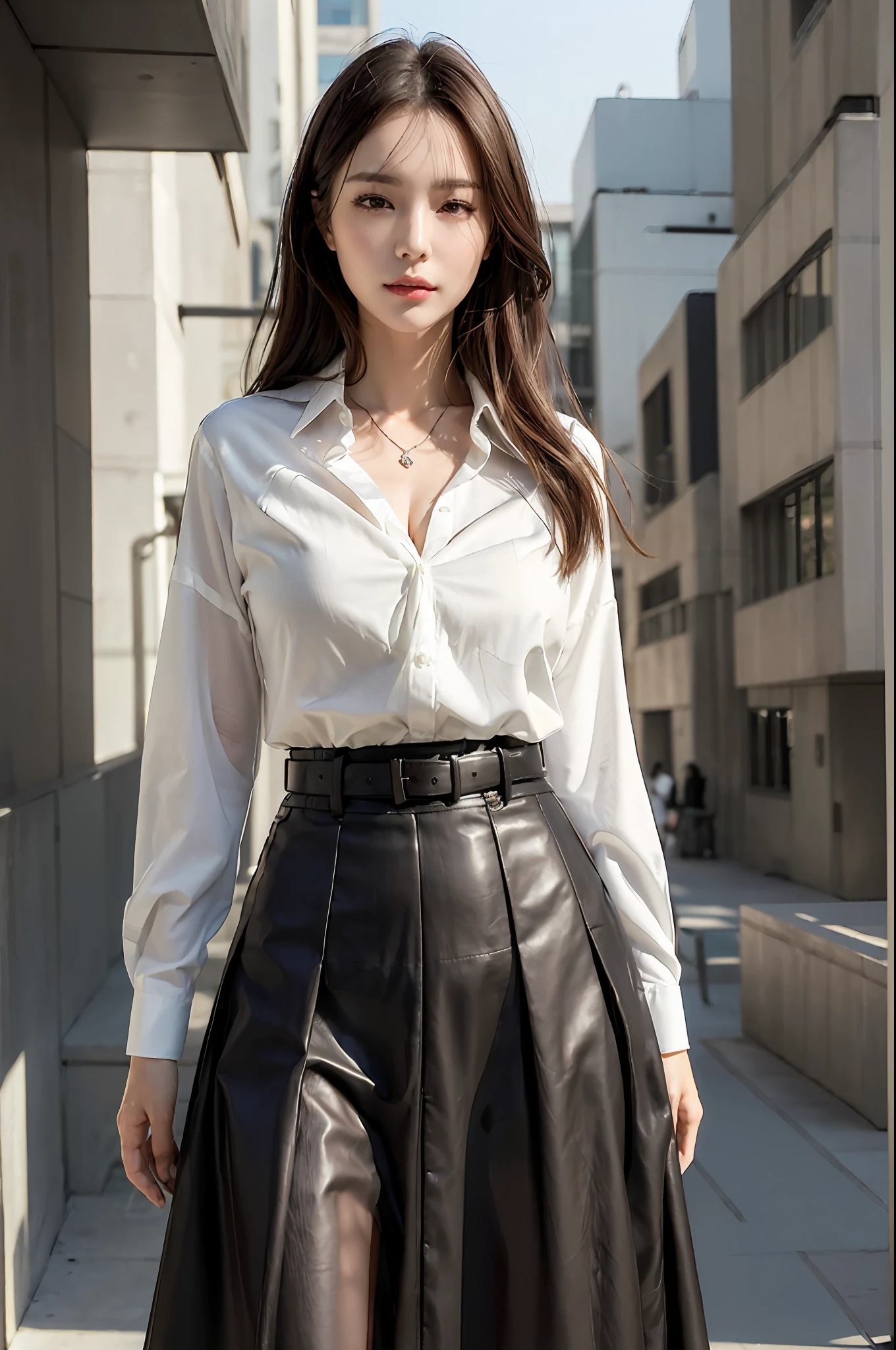 (Best quality, High resolution, Masterpiece :1.3), A tall and pretty woman, Slender abs, Dark brown hair styled in loose waves, Breasts, Wearing pendant, White button up shirt, Belt, Black skirt, (Modern architecture in background), Details exquisitely rendered in the face and skin texture, Detailed eyes, Double eyelid