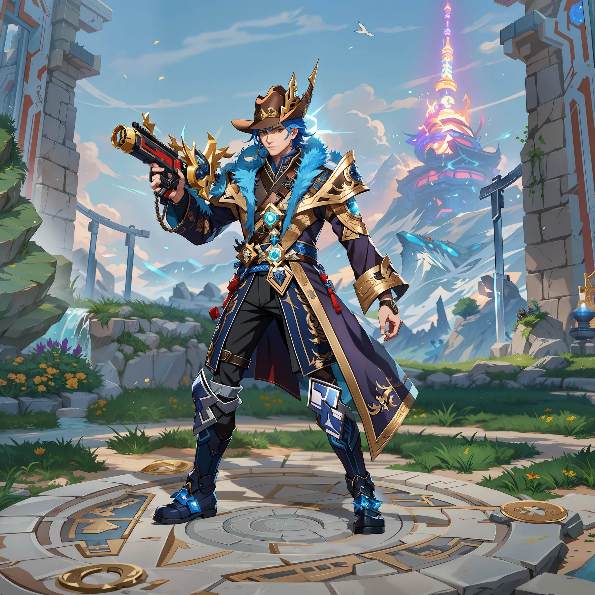 a close up of a person in a costume holding a gun, inspired by Huang Shen, Arena of Valor game, inspired by Huang Ding, heise jinyao, mobile legends, tane skin, wild rift, genshin impact character, posing for a fight intricate, zhongli from genshin impact, this character has cryokinesis, loong, ultra detailed, sharp focus, wear cowboy hat, handsome, badass