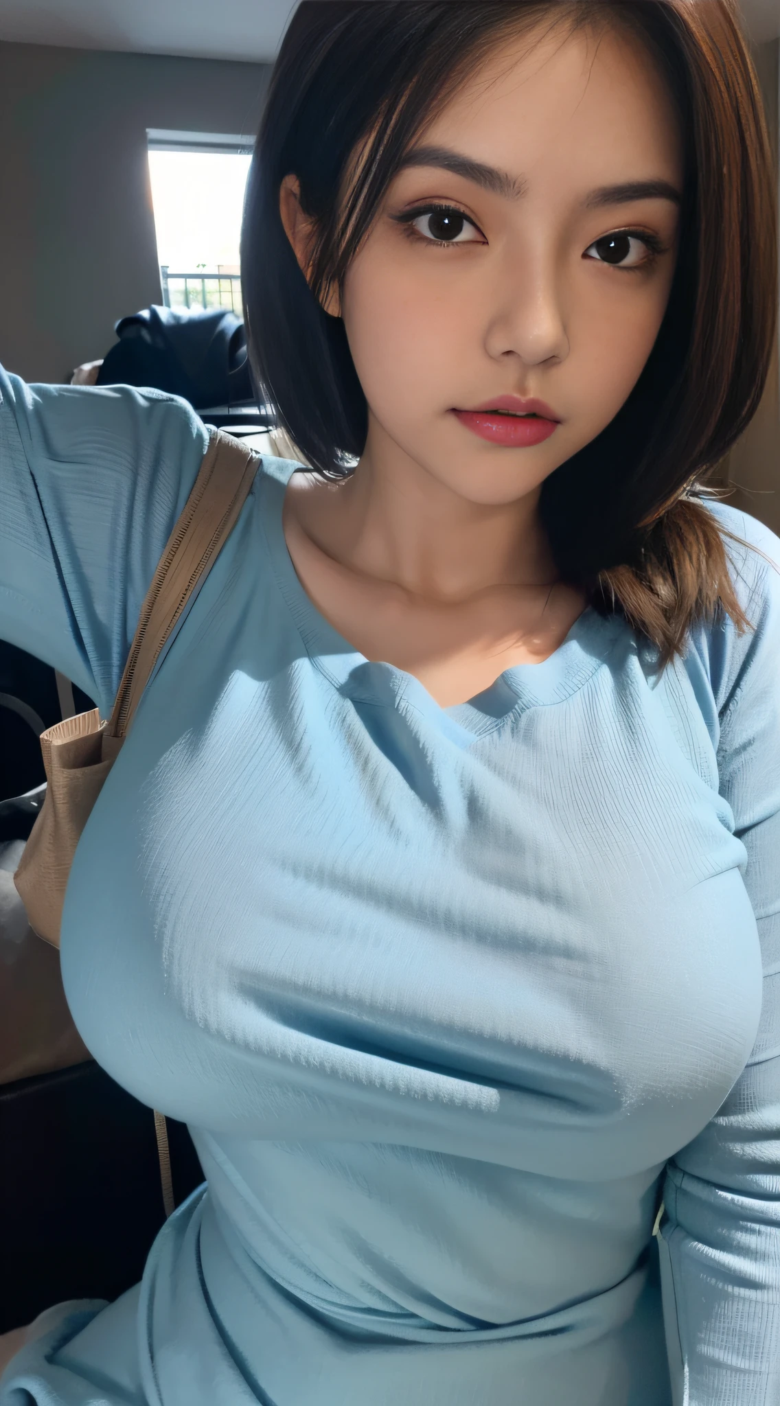(Extremely detailed, underground parking, fine, slightly fat, busty, big breasts, big breasts, M cups, sexy, blue crewneck dress, skinny, delicate face, large aperture, close-up)