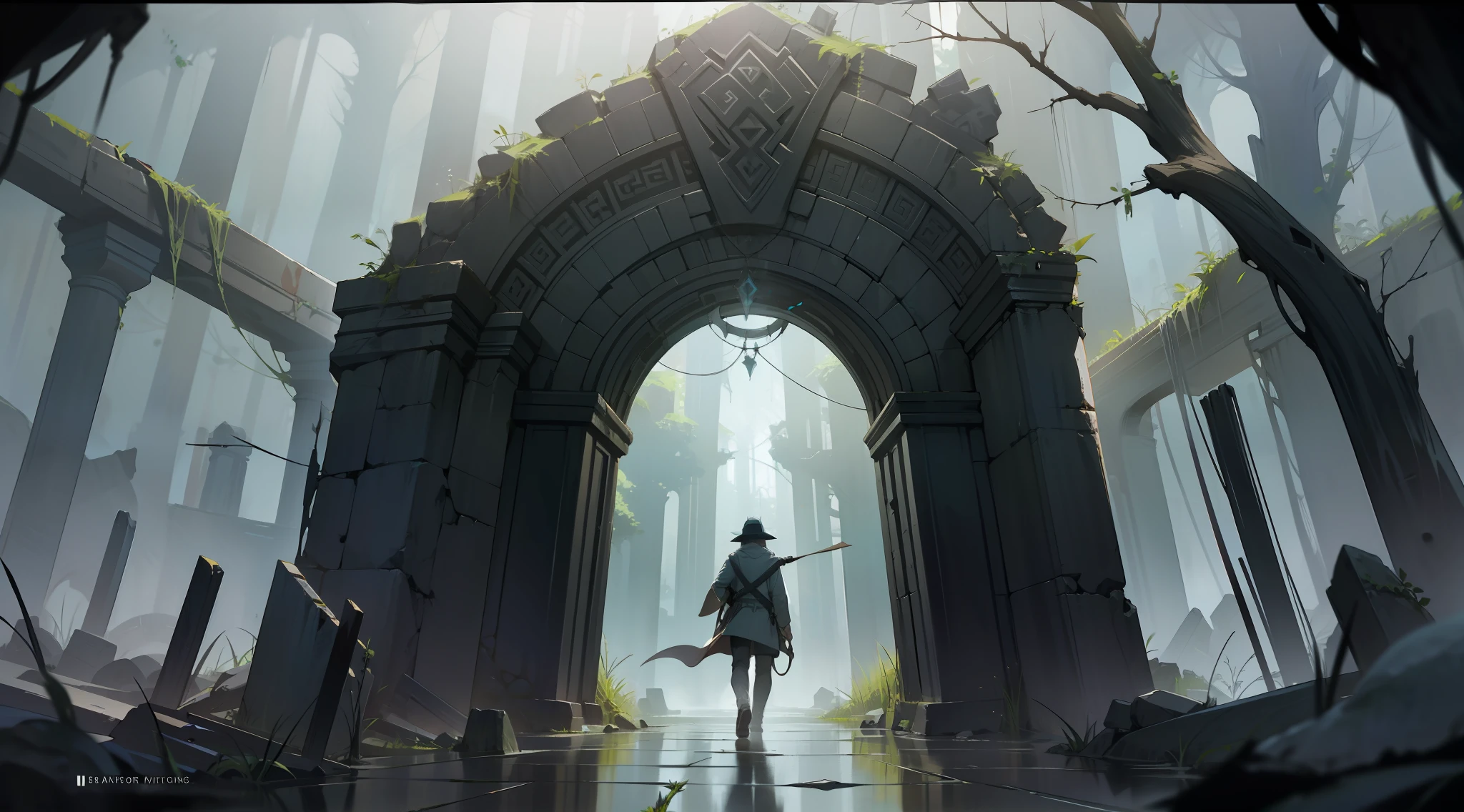 As he explores the underground ruins, dark, damp passages and mysterious runic carvings can be seen. A faint light poured in through the crack, illuminating the "Immortal Gate" portal in front of it. Outside the portal is a mysterious fog that seems to lead to another world.