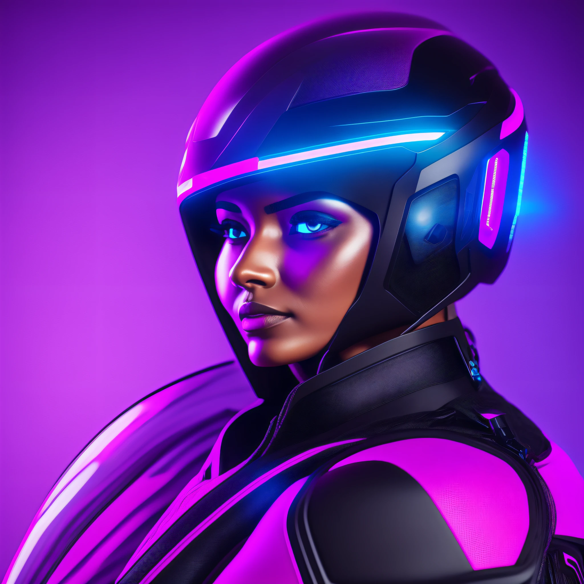 SLIM GIRL WEARING A BLACK ELASTANE TECHNOLOGY SUIT WITH BLUE DETAILS AND CYBER HELMET WITH PINK VISOR, SMOKY BACKGROUND WITH BLUE LIGHTING, SCIFI MOVIE, OCTANE RENDER, UNREAL ENGINE, 4K 8K CINEMATIC