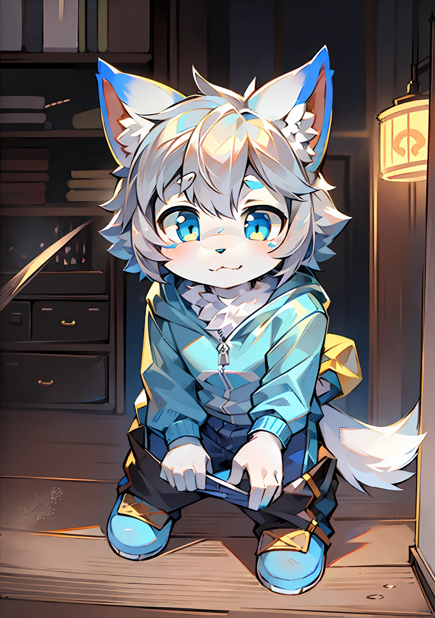 Bright eyes, character bust photo, Q version, avatar frame, character focus, solo, furry, furry male cat, male yellow-white fur, blue eyes, gray hair (long) loli style, little cute, will sell cute, wearing blue clothes and pants, has a tail