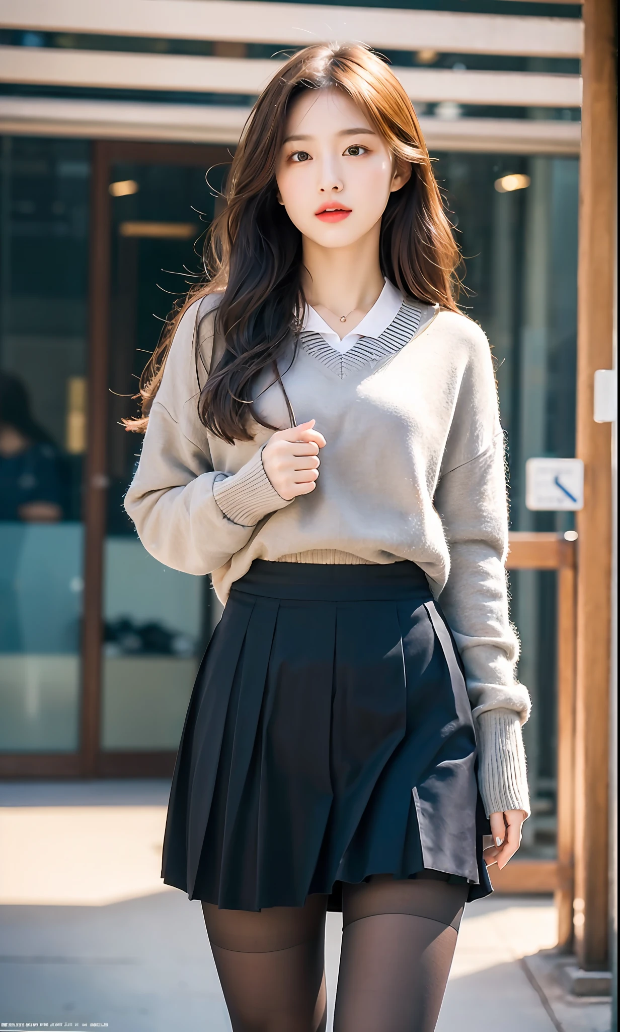ulzzang-6500-v1.1, (Raw photo: 1.2), (Photorealistic: 1.4), Beautiful detailed girl, Highly detailed eyes and face, Beautiful detailed eyes, Ridiculous, incredibly ridiculous, Huge file size, super detailed, High resolution, Very detailed, top quality, Masterpiece, ((Fashion clothes of diverse colors)), illustration, highly detailed, CG, unification, 8k wallpaper, amazing, fine details, masterpiece, top quality, highly detailed CG uniform 8k wallpaper, light on face, movie lighting, 1 girl, , long gray hair, side split, (big), (no panties)), ((dynamic pose))), (sexy pose))), (camel toe), (half), (pantyhose)), ((black hip skirt)), detailed beautiful face,Petite and delicate figure, dynamic pose, complete anatomy, natural eyes