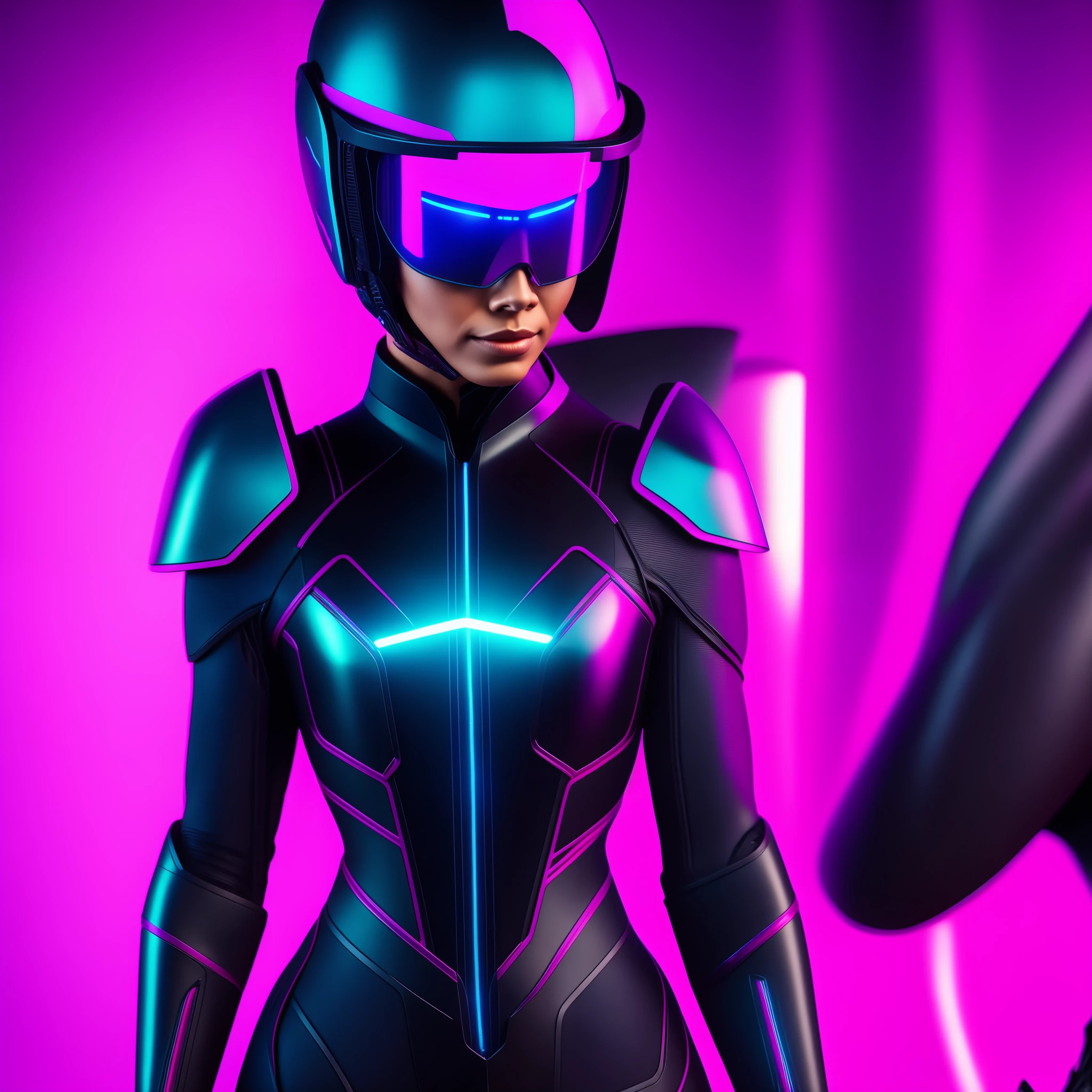 SLIM GIRL WEARING A BLACK ELASTANE TECHNOLOGY SUIT WITH BLUE DETAILS AND CYBER HELMET WITH PINK VISOR, SMOKY BACKGROUND WITH BLUE LIGHTING, SCIFI MOVIE, OCTANE RENDER, UNREAL ENGINE, 4K 8K CINEMATIC