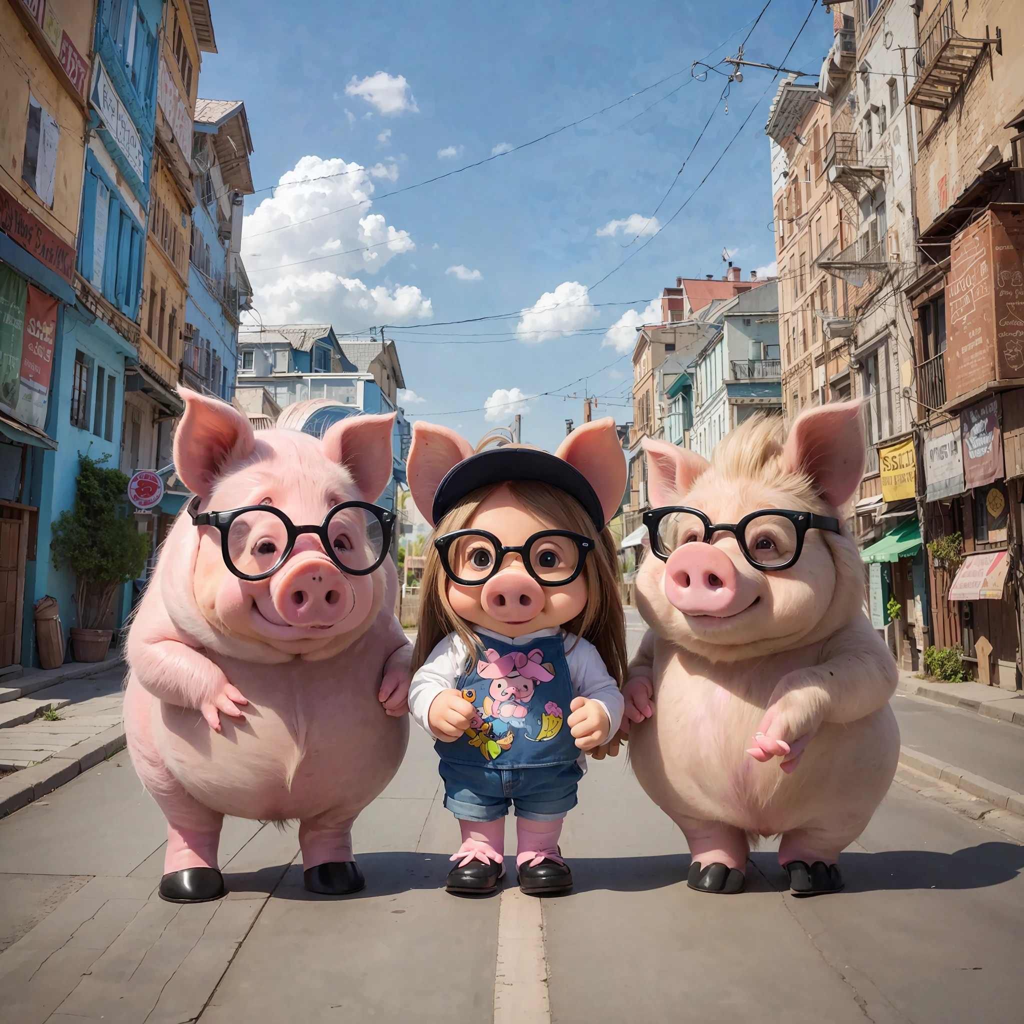 Three pigs, First pig with a smartphone and glasses, Second pig with tanned skin have long hair, surfer fashion, and third pig ordinary pig Background is City taste Disney style paint they are 20ys old, all boy Wolf try to eat three pigs on back bigger than city bottom of body is transparent