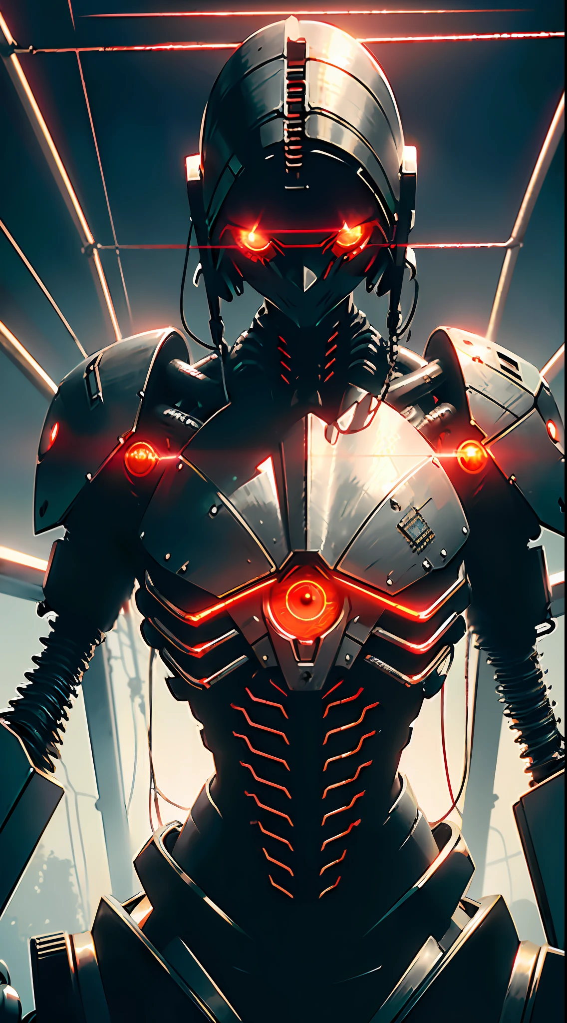 Ray tracing, (masterpiece,best quality:1.3), (ultra-detailed:1.3), (photo-realistic:1), (an extremely delicate and beautiful), cinematic light,(1mechanical girl), (hair made of copper wires), solo, full body, (machine made joints), (((mechanical lower jaw only))), mechanical limbs, blood vessels connected to tubes, mechanical vertebra attaching to back,(mechanical cervical attaching to neck), (((red glowing eyes))), bio-mechanical, hr giger style,  zdzislaw beksinski skyle, metallic skeletal bones, exoskeleton, sitting,expressionless, (assembling body parts),(wires and cables attaching to neck and body), (wires and cables attaching to spine and, (intricate details:1) character focus, science fiction, RAW photo, cinematic masterpiece, (majestic epic composition), (movie scene), full shot, epic dynamic frame, dynamic pose, motion blur, sci-fi, cyber, (((cinematic look))), rim light, film grain, natural skin texture, 24mm, 4k textures, (highly detailed worn metal texture:1.3),