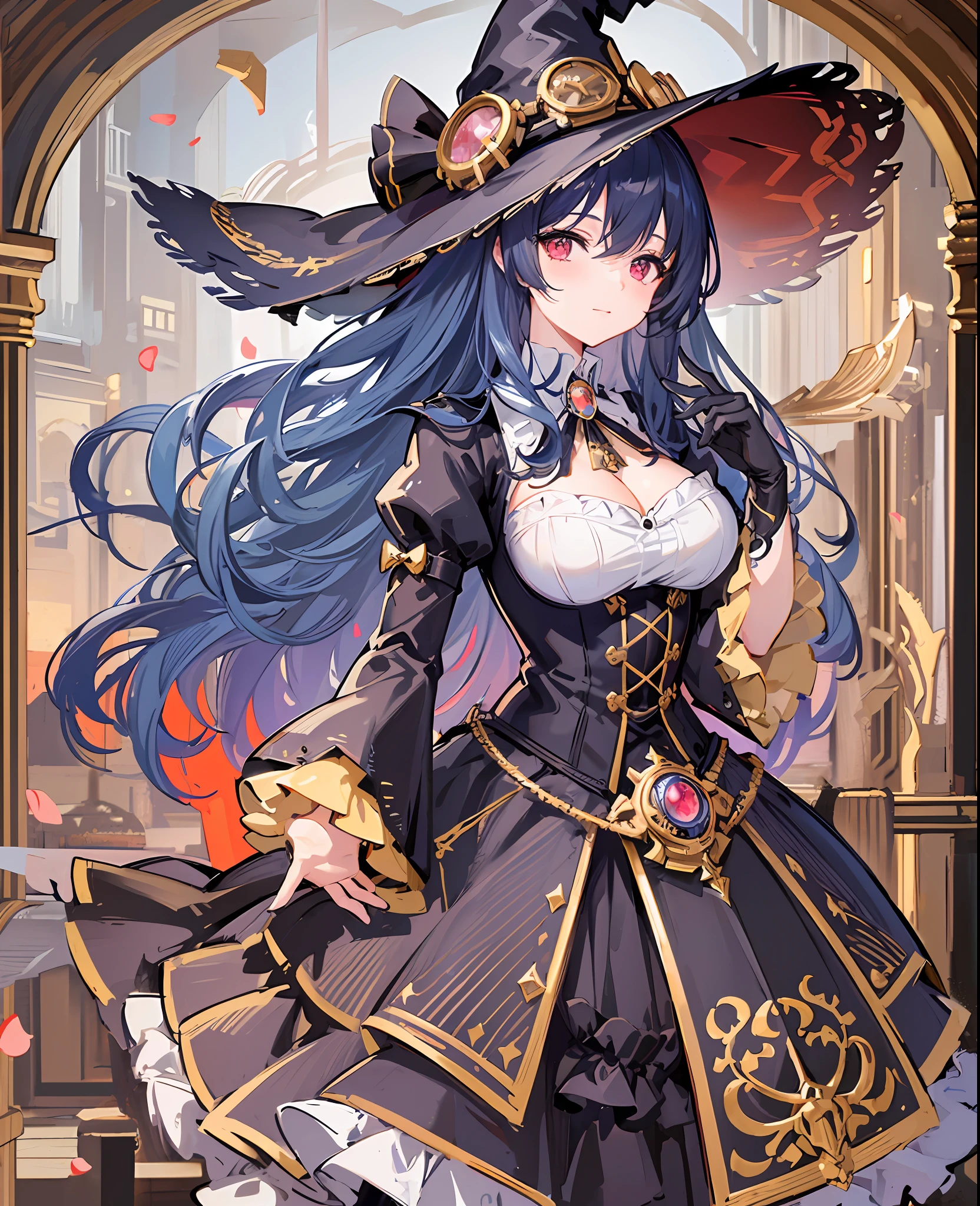 ((Delicate hand portrayal))(++Full body: 2.1++) Little witch, witch, cape, magic array, magic action, grotesque, highest quality, masterpiece, exquisite CG, delicate and complex hair accessories 16k, beautiful and moving girl, hair flying, pure and clear eyes, smiling, gorgeous and exquisite Lolita skirt, close-up, heads-up, colorful, witch hat, double ponytail, highest quality, masterpiece, exquisite CG, light blue curly long hair, long skirt, delicate and complex crystal hair ornaments, highlight, Withering and falling petals, Halloween, picture rich, beautiful, charming, perfect, dreamy retouching, ultra HD, 16k, (++ steampunk: 1.9++), long blue curly hair, jewel-like golden eyes, melancholy, exquisite gorgeous dress, brokenness, flowers, highest quality, masterpiece, masterpiece, ultimate detail, peerless beauty, 8k, brilliant light and shadow, messy hair, delicate hairstyle, delicate facial features, delicate hair portrayal, (original painting), (++++++++). Watercolor smudge: 1.1+++++++), flowing, water, foam, steampunk, (+++ full hands: 2+++), (+gear 1.9+), (((steampunk: 2)))), (((witch hat: 2)))), steampunk, metal, ((full picture: 1.9))), openwork gear skirt, large skirt, gorgeous, aristocratic, delicately portrayed hands, masterpieces, 4k picture quality, extremely detailed portrayal, extremely delicate picture, a girl, (Princess dress), ((Crinoline skirt)), (long blue curly hair), bow on head, big eyes, red eyes, gothic, ((witch hat)), waist seal, gothic style, big skirt, cute, beautiful girl, lantern, ???? sleeves, puffy skirt, full body, functional wind coat, steampunk, background (dusk, residual sun, sunset