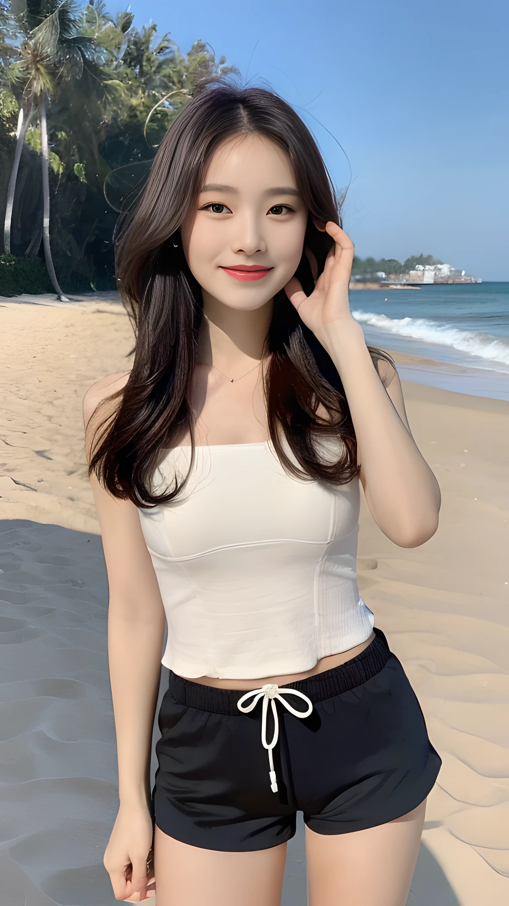 ((Best Quality, 8K, Masterpiece: 1.3)), , Focus: 1.2, Perfect Body Beauty: 1.4, Buttocks: 1.2, ((Layered Haircut: 1.2)), (Dark Street: 1.3), Highly Detailed Face and Skin Texture, Full Body, Fine Eyes, Double Eyelids, Whitened Skin, Long Curly Hair, (Round Face: 1.5), (Small Fragrance Premium Sense Shorts Set Style: 1.6). Smile on the beach by the sea