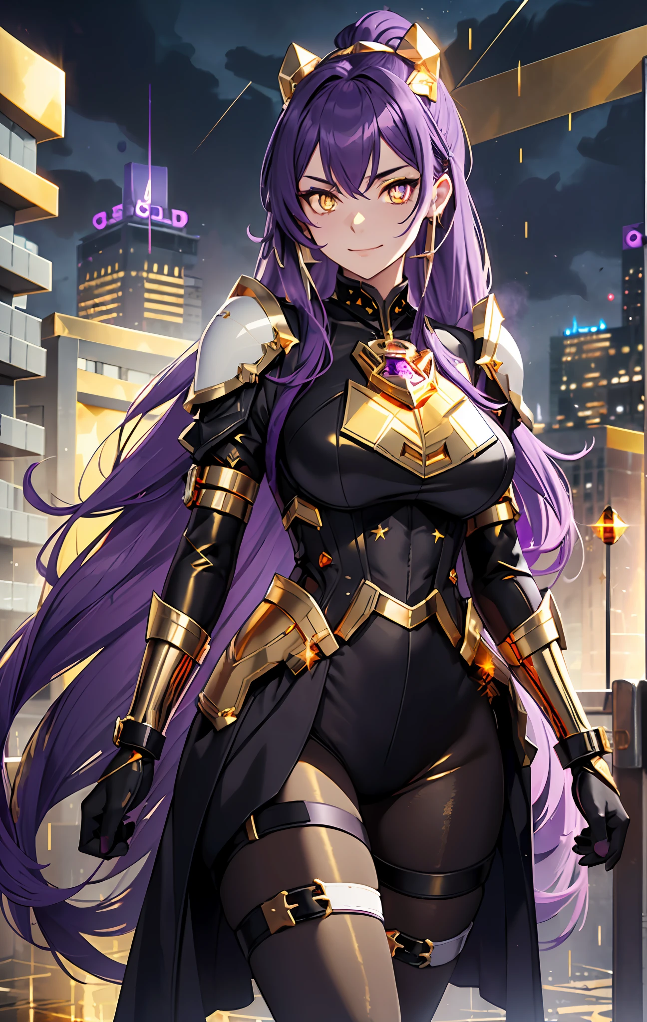 ({best quality}),(Ultra Fine),(full detail),single girl,alone,19 years old,well_developed curves,curvaceous_body,hourglass_figure,perspective,beautiful_face,high_quality_outfits,futuristic_outfits,silght_blush,full_body,full detail face,protective outfits,Honkai_StarRail_arts;
(Violet hair:1.5),indigo hair tips,violet (helix-shaped single ponytail:1.2),two black long fin-shaped black mechanic hairclips,black circlet around forehead,pointing upwards;(golden eyes:2.2),( white hilted pupils:1.4), golden goggle glasses on eyes,golden lens,violet frame;one hexagon golden locket on breast;
Futuristic battlesuit,armored battlesuit,covering all body,fitting body curves,(armored black shoulder guards_1.3),white collar,black long slender sleeves,black long gloves,metal mechanic black arm bracers,black gloves,golden arm bracelets,silver vest covering breasts,silver tanktop,black armored corset,golden zipper along corset,black waistband with four gadget holsters attached,black skirts with golden trims,(black scifi armor shorts with golden trims,knee-length hems),(,black and edged armor tassets,fin shaped end,violet edges),black trousers,(white pantyhose) with hexagon amber linings,black waistband with gadget holsters,knee bracers;black mechanic boots with golden trinkets,heeled boots; White mechanic backpack on back;
Rainy weather,night,stormy sky in background,heavy rain weather,raindrop on face,floating in midair,overlooking city from midair,smiling expression,seductive smile,vigilat gaze,stretching hands,standing,looking forwards