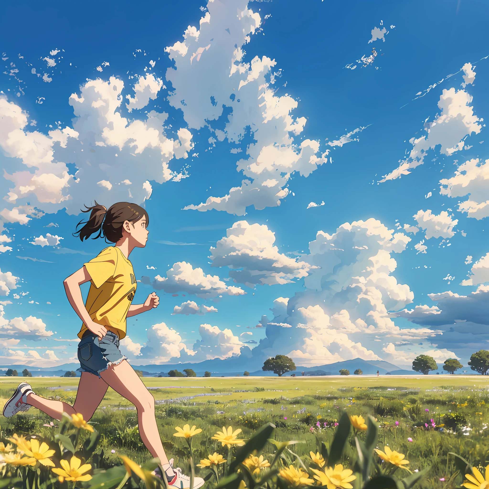 (Best Quality, 8k, 32k, Masterpiece, UHD: 1.2, Ray Tracing: 1.2, Real: 1.2), 1girl, (Side: 1.5), Yellow short sleeves, denim shorts, sneakers, savannah in the background, (Prairie, Long Range, Running in Prairie: 1.5), Blue Sky, White Clouds, Meadow, Small Flower, --auto --s2