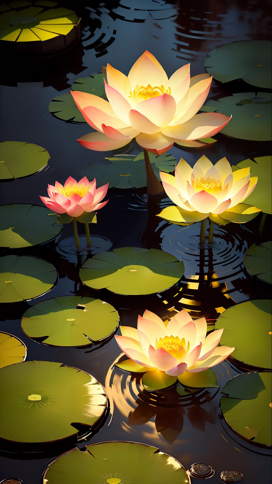 Masterpiece, exquisite, deep in the lotus pond, (colorful, vivid, sunshine, cool light: 1.2) lotus leaves in the pond, at night, empty