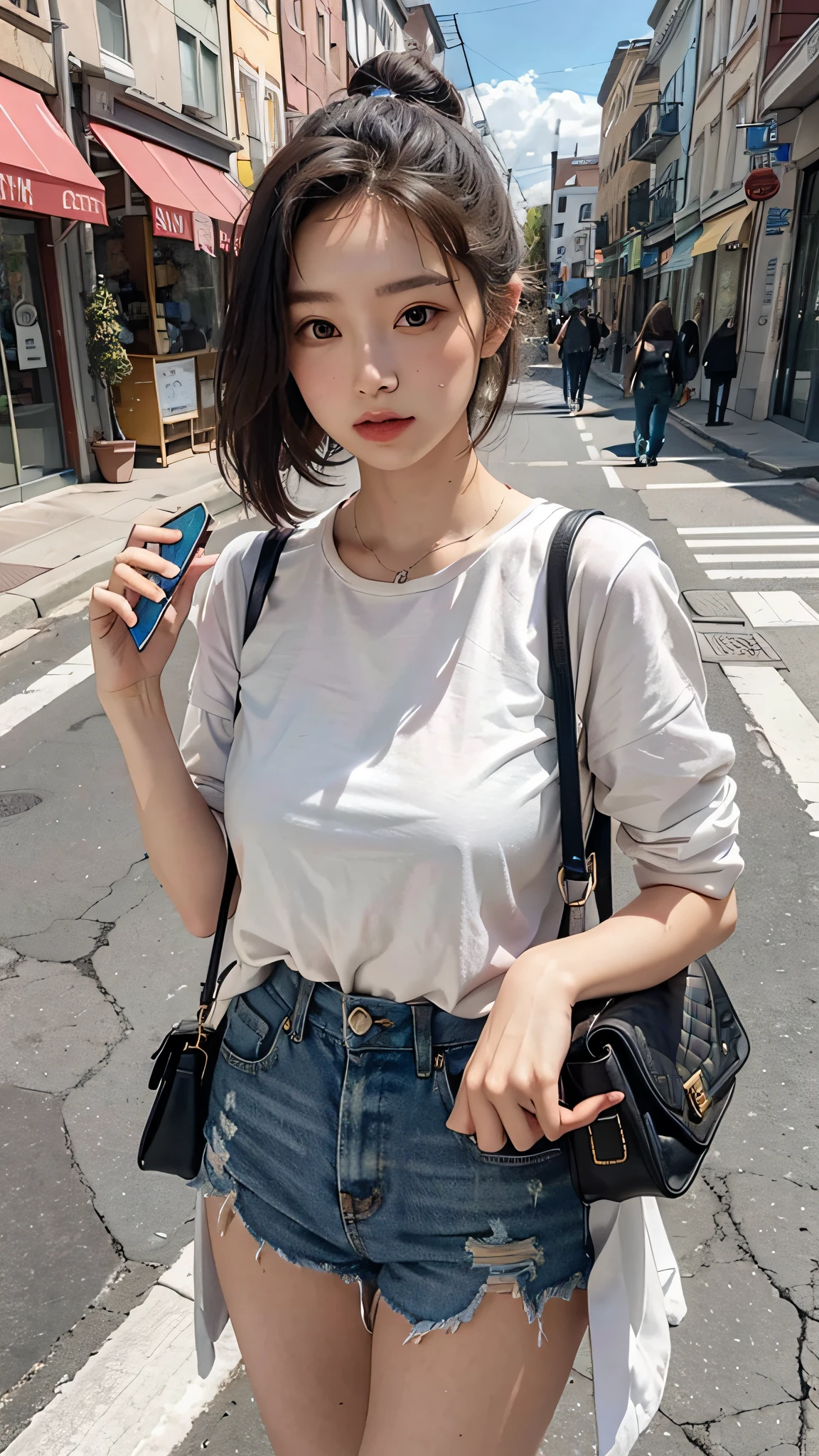 Beautiful woman, fiddling with cell phone in the middle of the street, short clothes