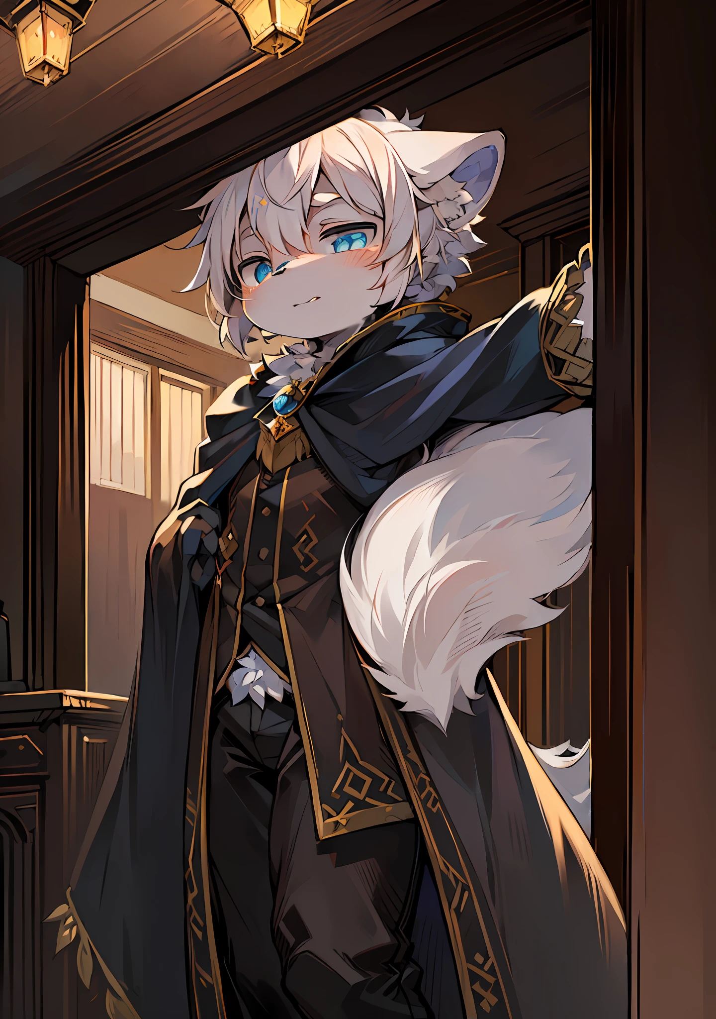 (Dark Environment: 0.8), Masterpiece, High Quality, Abstract Res, Digital Painting\(artwork\), by Dagasi, Yupa, Kiyosan, (Anthro, Fluffy Fur, Character Focus: 1.1), Anthro Male Cat, Short Hair, Portrait , bright eyes, panorama, character focus. (background: 0.7), solo, furry, furry male, male focus, anthr, (full body fur, fluffy tail, white fur, blue eyes, white hair: 1.2), (long canine, cape: 1.2), (interior, night: 1.1)