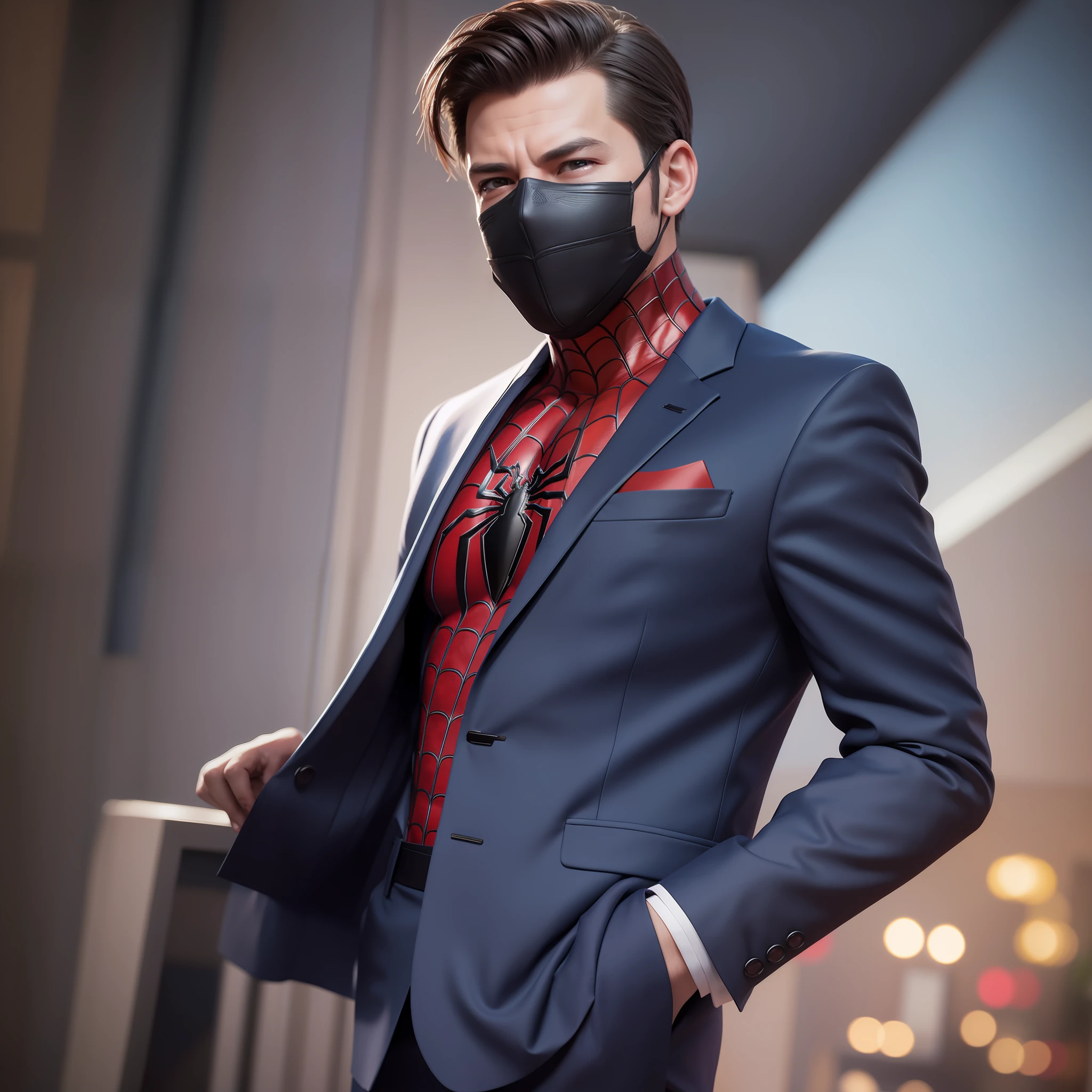 Spider Man, with suit and tie, ((front photo)), wearing mask, DOF, realistic, ultrarealistic, hyper realist, 8K, real, CG Render, extremely detailed, 3D Render, extreme detailing, Beautyfull image,