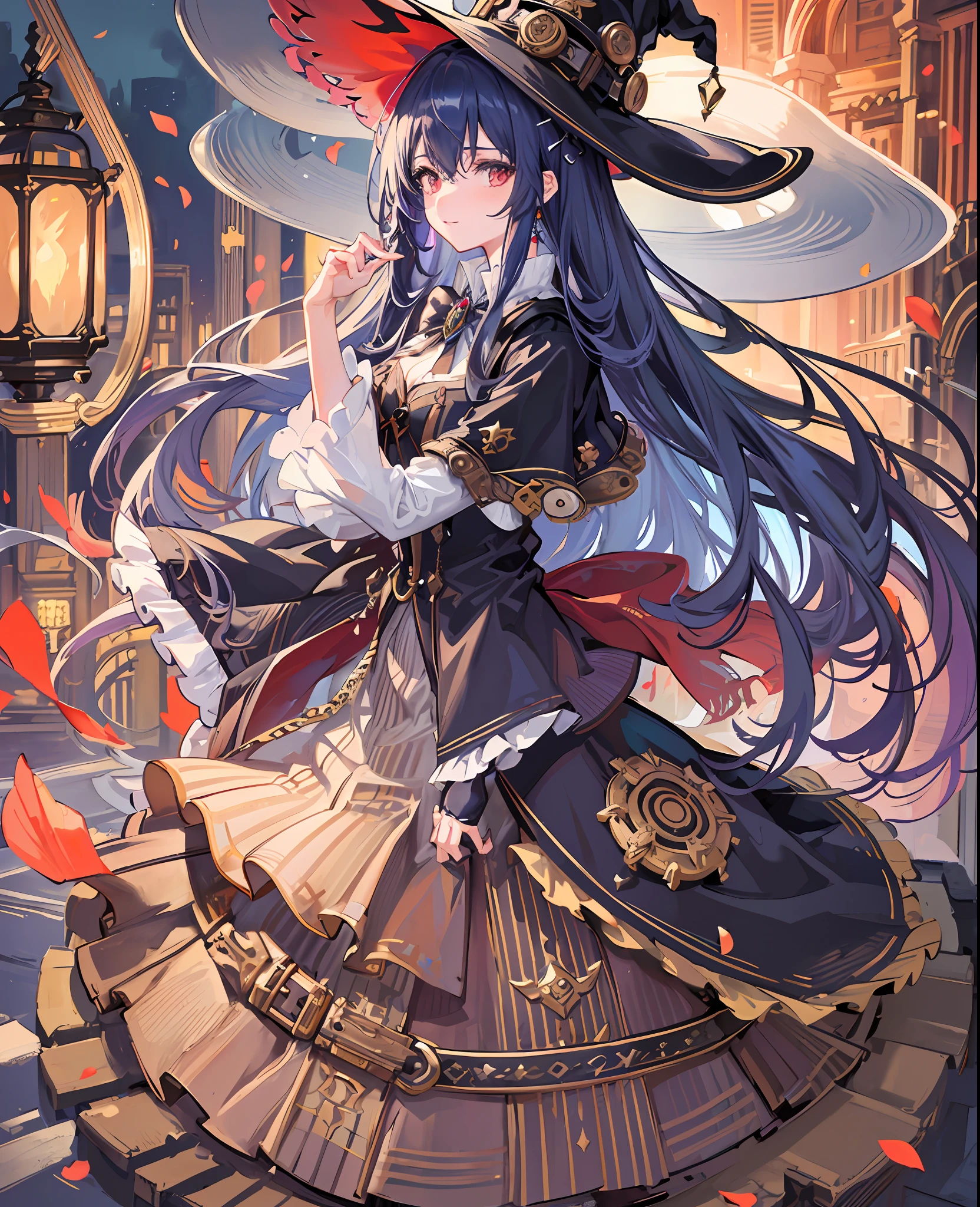 ((Delicate hand portrayal))(++Full body: 2.1++) Little witch, witch, cape, magic array, magic action, grotesque, highest quality, masterpiece, exquisite CG, delicate and complex hair accessories 16k, beautiful and moving girl, hair flying, pure and clear eyes, smiling, gorgeous and exquisite Lolita skirt, close-up, heads-up, colorful, witch hat, double ponytail, highest quality, masterpiece, exquisite CG, light blue curly long hair, long skirt, delicate and complex crystal hair ornaments, highlight, Withering and falling petals, Halloween, picture rich, beautiful, charming, perfect, dreamy retouching, ultra HD, 16k, (++ steampunk: 1.9++), long blue curly hair, jewel-like golden eyes, melancholy, exquisite gorgeous dress, brokenness, flowers, highest quality, masterpiece, masterpiece, ultimate detail, peerless beauty, 8k, brilliant light and shadow, messy hair, delicate hairstyle, delicate facial features, delicate hair portrayal, (original painting), (++++++++). Watercolor smudge: 1.1+++++++), flowing, water, foam, steampunk, (+++ full hands: 2+++), (+gear 1.9+), (((steampunk: 2)))), (((witch hat: 2)))), steampunk, metal, ((full picture: 1.9))), openwork gear skirt, large skirt, gorgeous, aristocratic, delicately portrayed hands, masterpieces, 4k picture quality, extremely detailed portrayal, extremely delicate picture, a girl, (Princess dress), ((Crinoline skirt)), (long blue curly hair), bow on head, big eyes, red eyes, gothic, ((witch hat)), waist seal, gothic style, big skirt, cute, beautiful girl, lantern, puff sleeves, puffy skirt, full body, functional wind coat, steampunk, background (dusk, residual sun, sunset