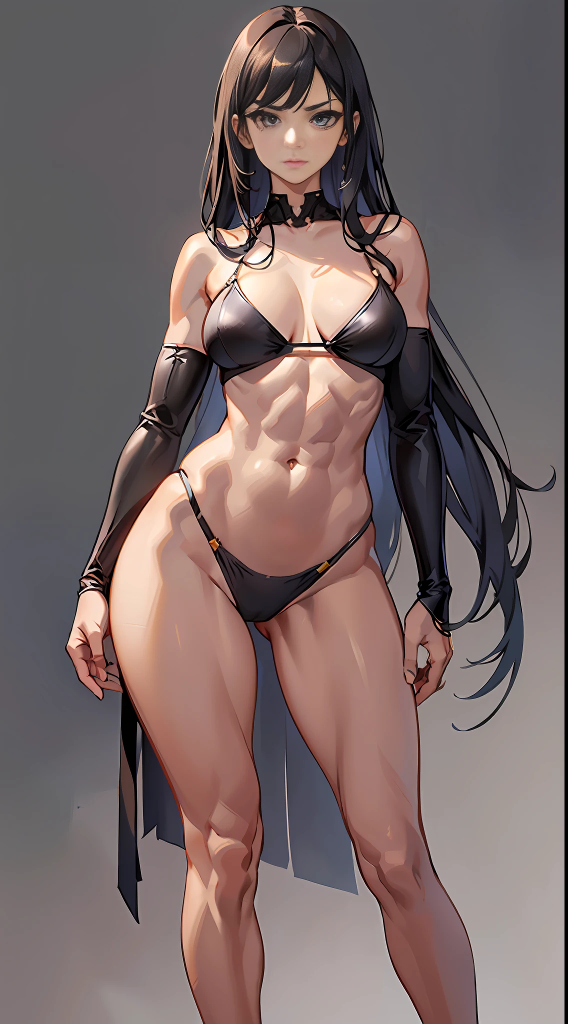 Best quality, photo, RAW, frontal, adult woman, Japan woman, attractive proportions, seductive legs, high heels, single woman, muscular, abs, small, separated breasts, watch viewer, solo, very beautiful woman, high exposure, hide chest with arms, detailed face, navel, attractive waist circumference, (((Nioh standing)), (strength), forehead, black hair, medium hair, (one arm raised and extended), clenching fists, ((stand with legs open)), upright, lighting from the front, makeover scene, plain background, (serious look), head to toe, high image quality, body line stands out, whole body, pubic hair protrudes